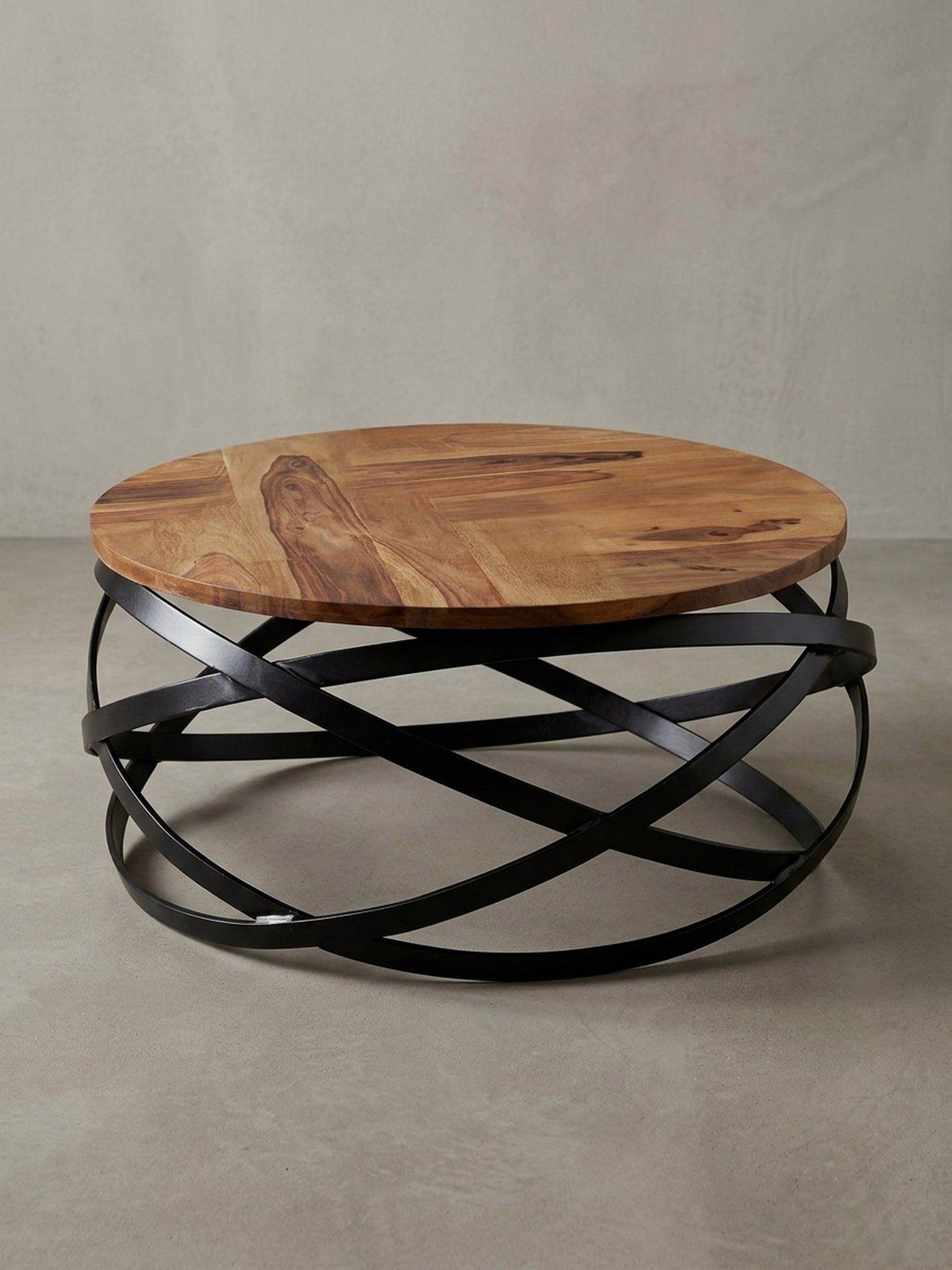 Couchtisch rund aus Massivholz und Metall in Braun, 60x30x60 cm, Industrial Design 