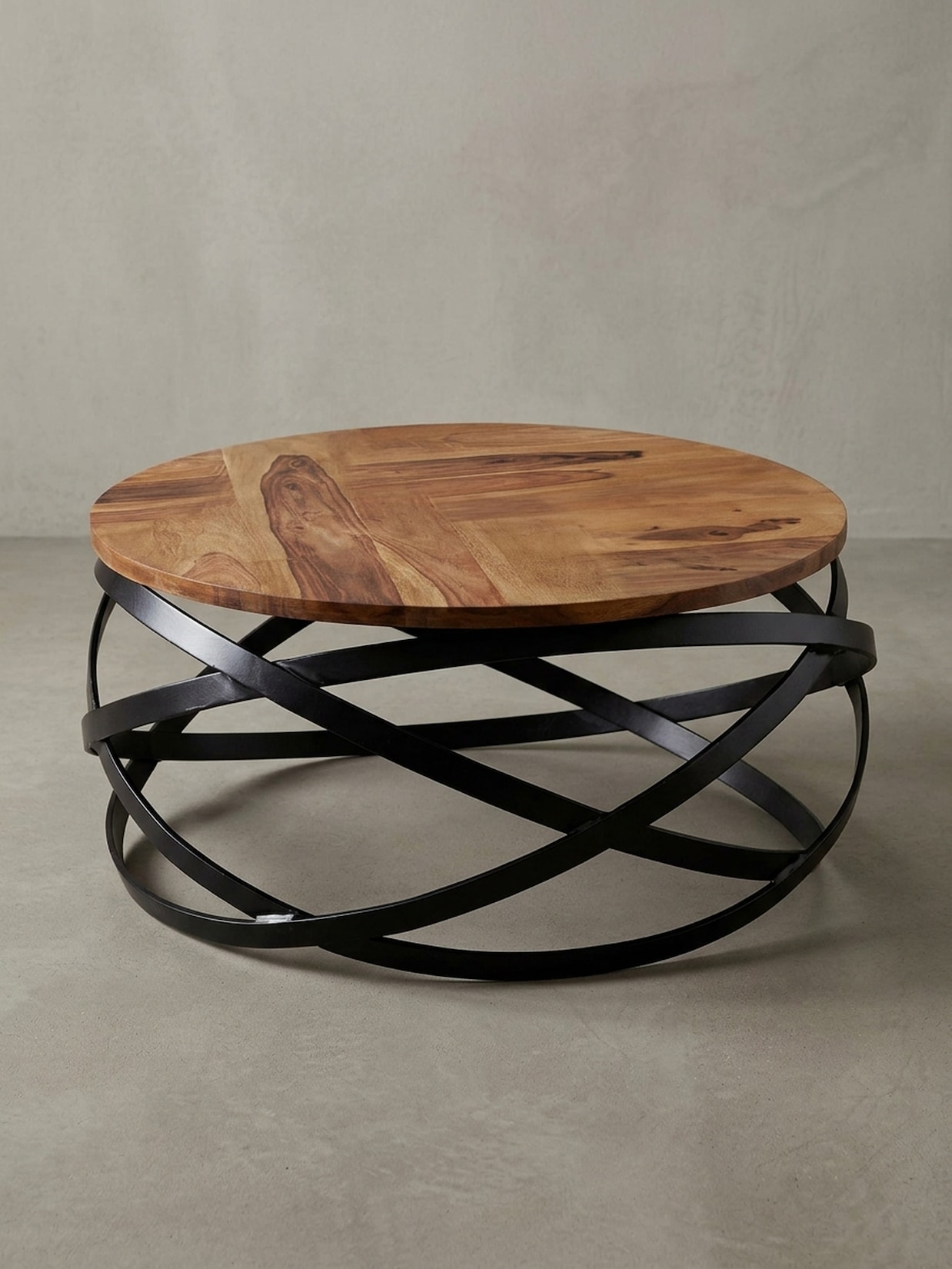 Couchtisch rund aus Massivholz und Metall in Braun, 60x30x60 cm, Industrial Design