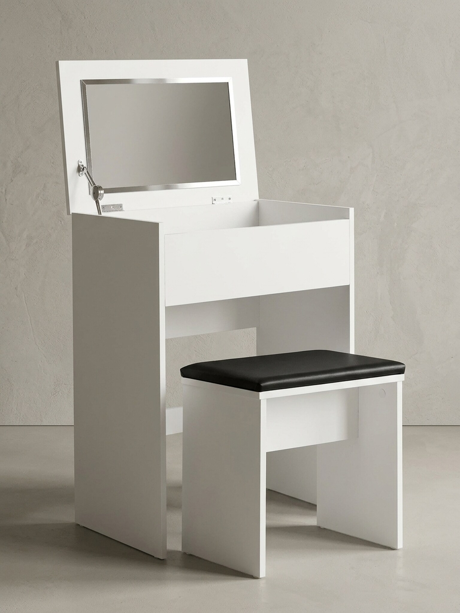 Schminktisch &ndash; Wei&szlig;, 60x81x40 cm, mit Klappspiegel, Hocker & Fach, Holz-Optik, modern 