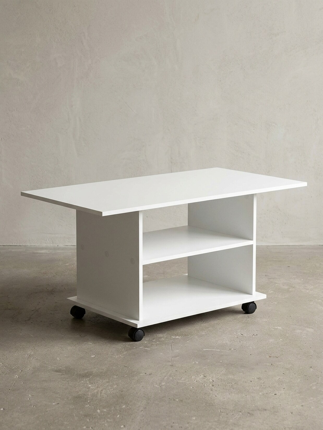 Couchtisch drehbar mit Rollen und Stauraum aus Holz, Weiß 54x95x51 cm