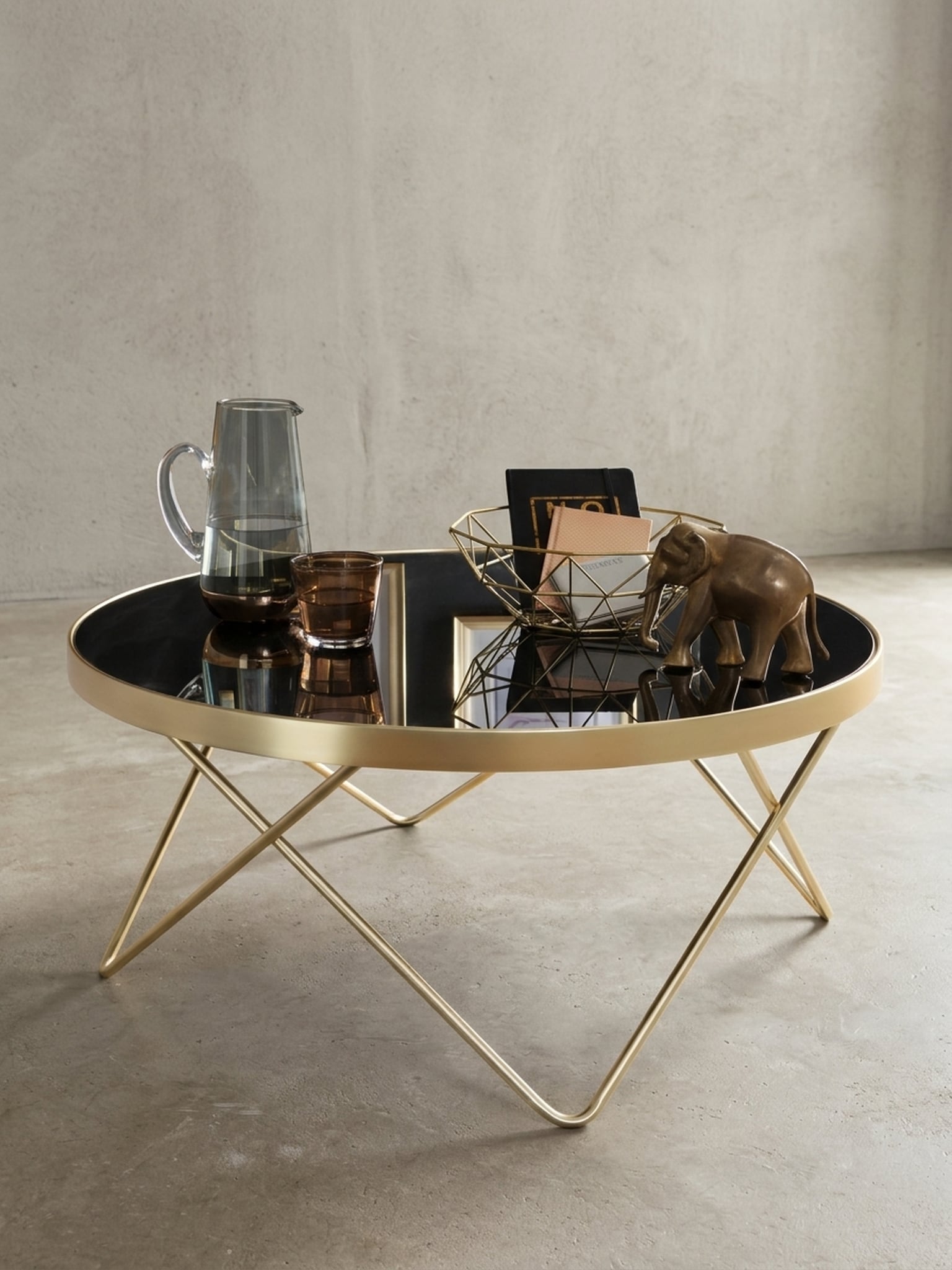 Couchtisch Schwarz Mattgold Glas/Metall &Oslash;82cm Modern 