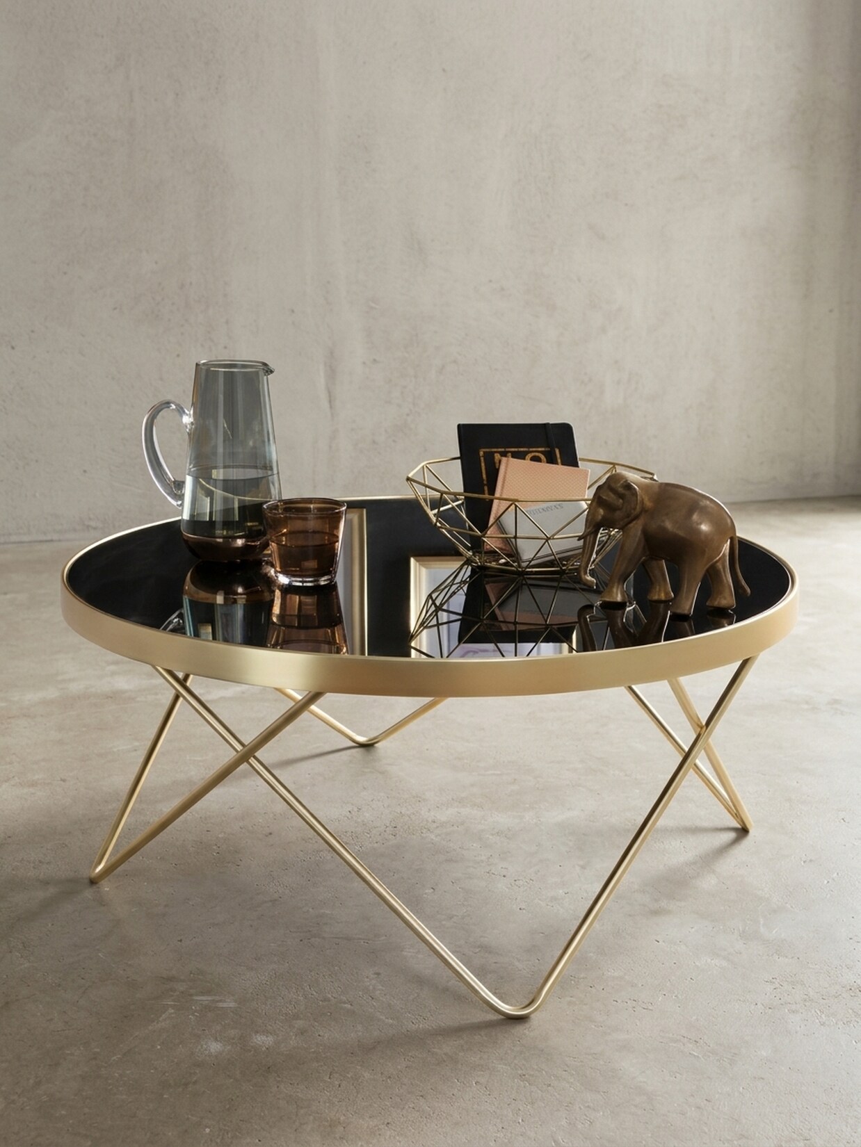 Couchtisch Schwarz Mattgold Glas/Metall Ø82cm Modern