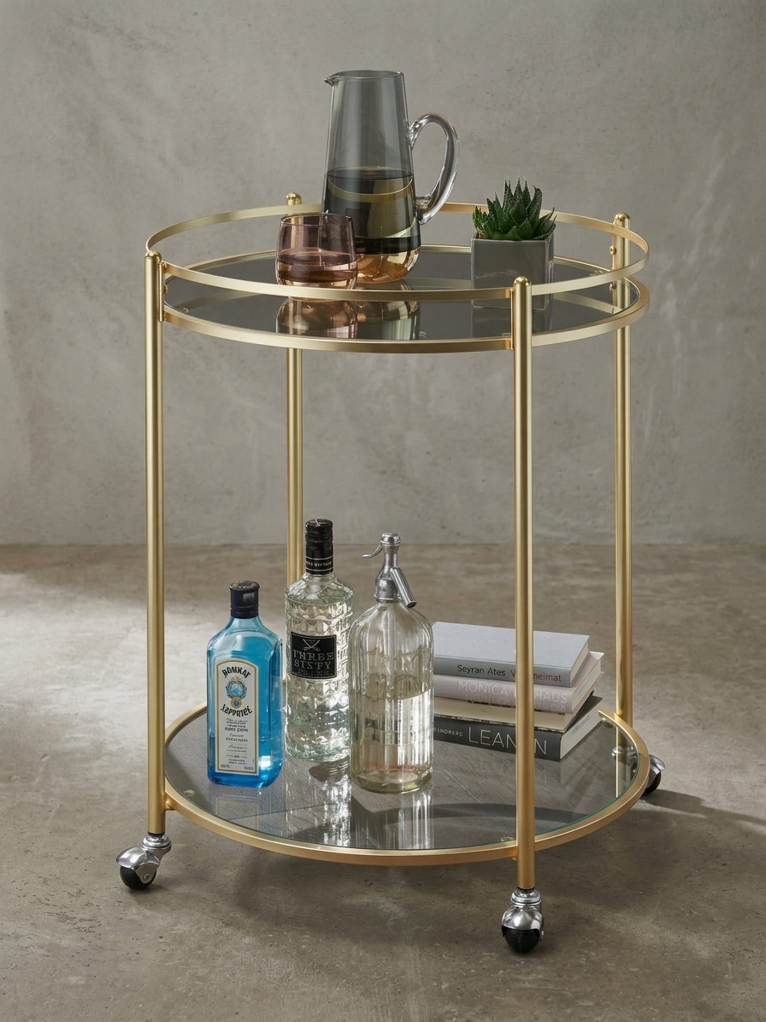 Servierwagen &ndash; Gold, &Oslash; 57 cm, Glasplatten, auf Rollen, 75 cm hoch 