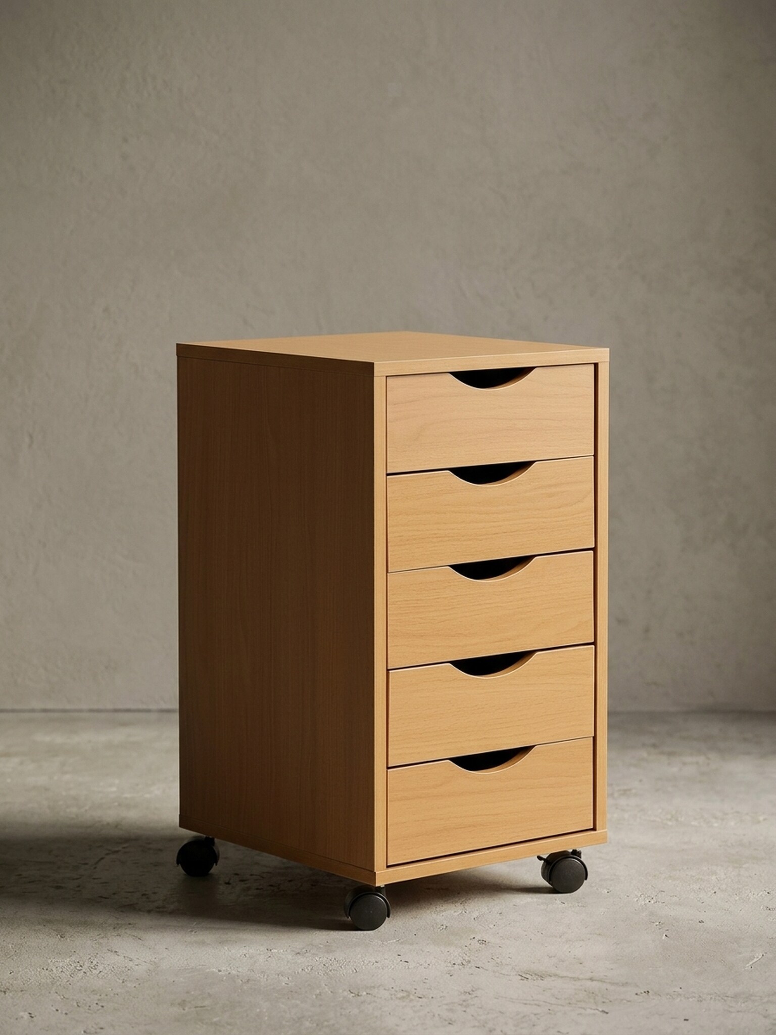 Rollcontainer &ndash; Buche MDF, 33x64x38 cm, 5 Schubladen, Rollen, modern 