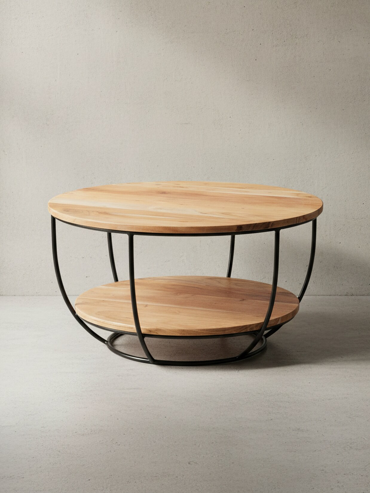Couchtisch rund aus Akazie Massivholz und Metall, mit Ablage, Industrial-Stil, Braun