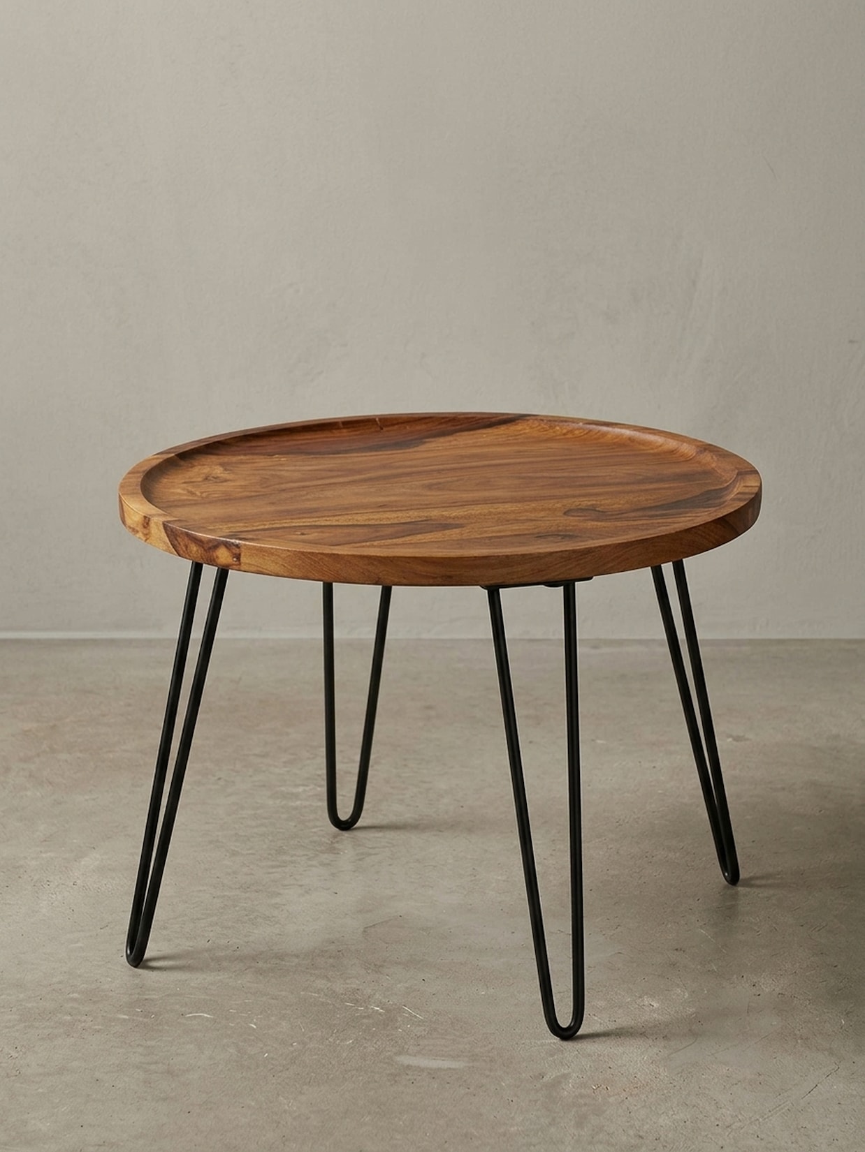 Couchtisch Rund Sheesham Massivholz Haarnadelbeine 60x45x60 cm