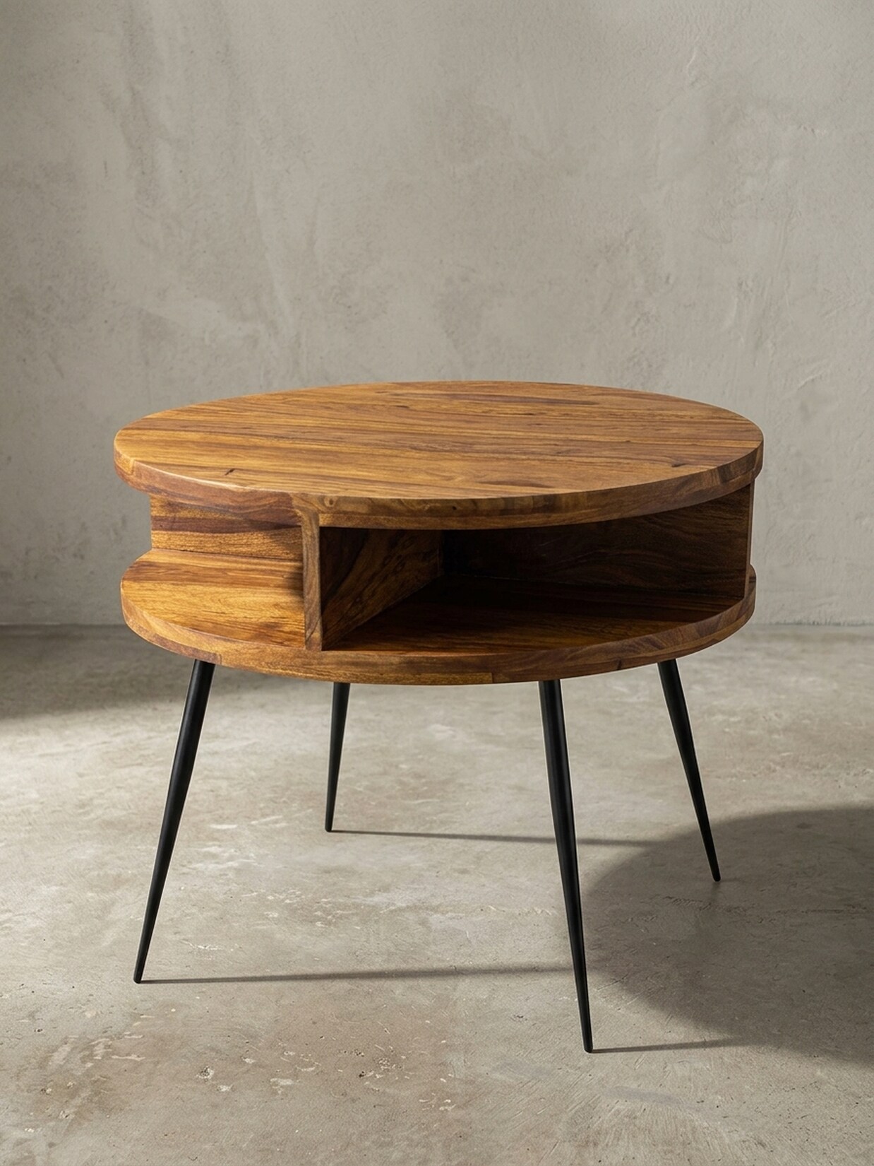 Couchtisch Sheesham Massivholz Metall, Ablagefunktion, 60x45x60 cm, Braun Rund