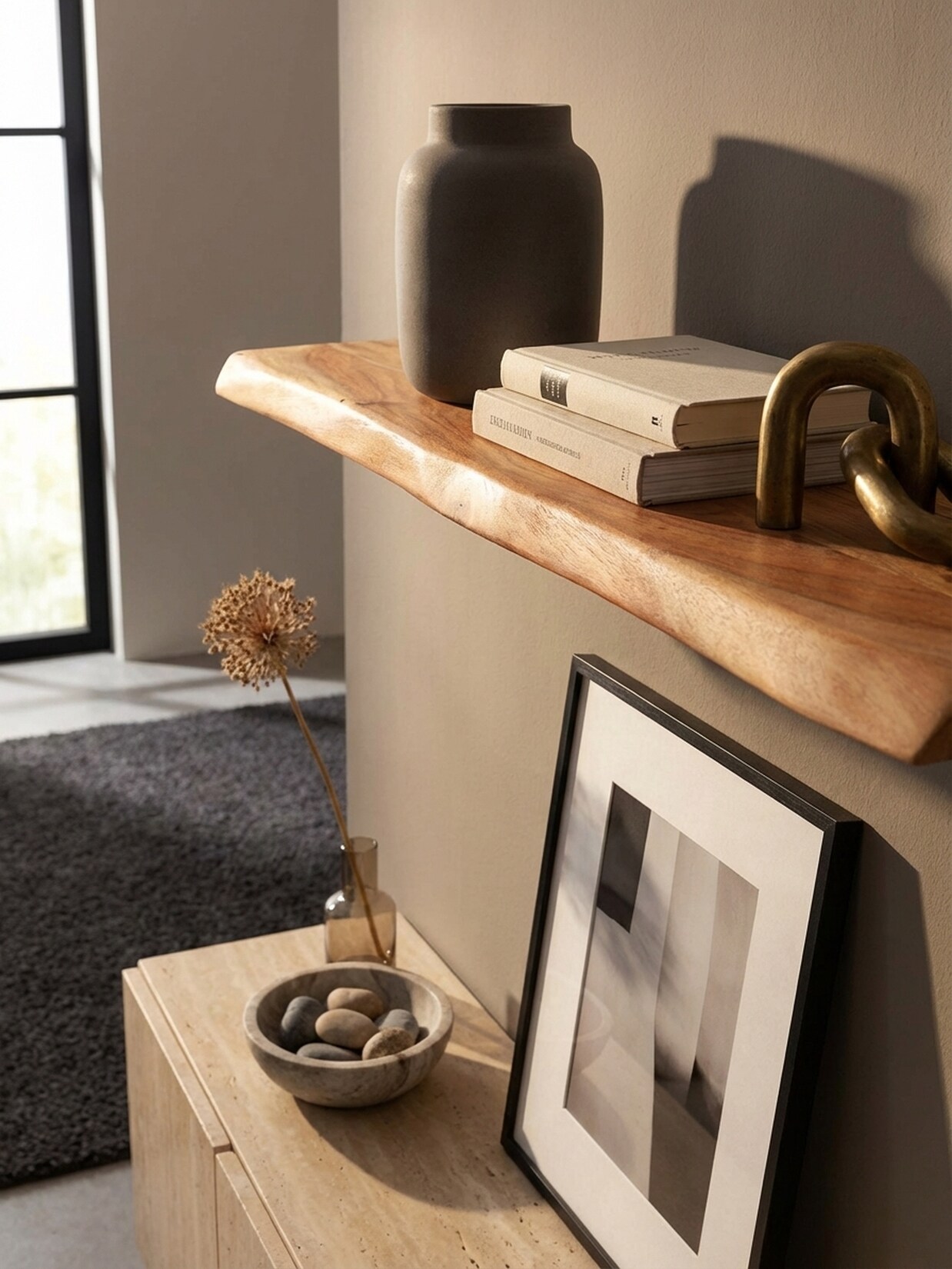 Wandregal Massivholz Baumkante Landhausstil, Akazie 80x25x4 cm