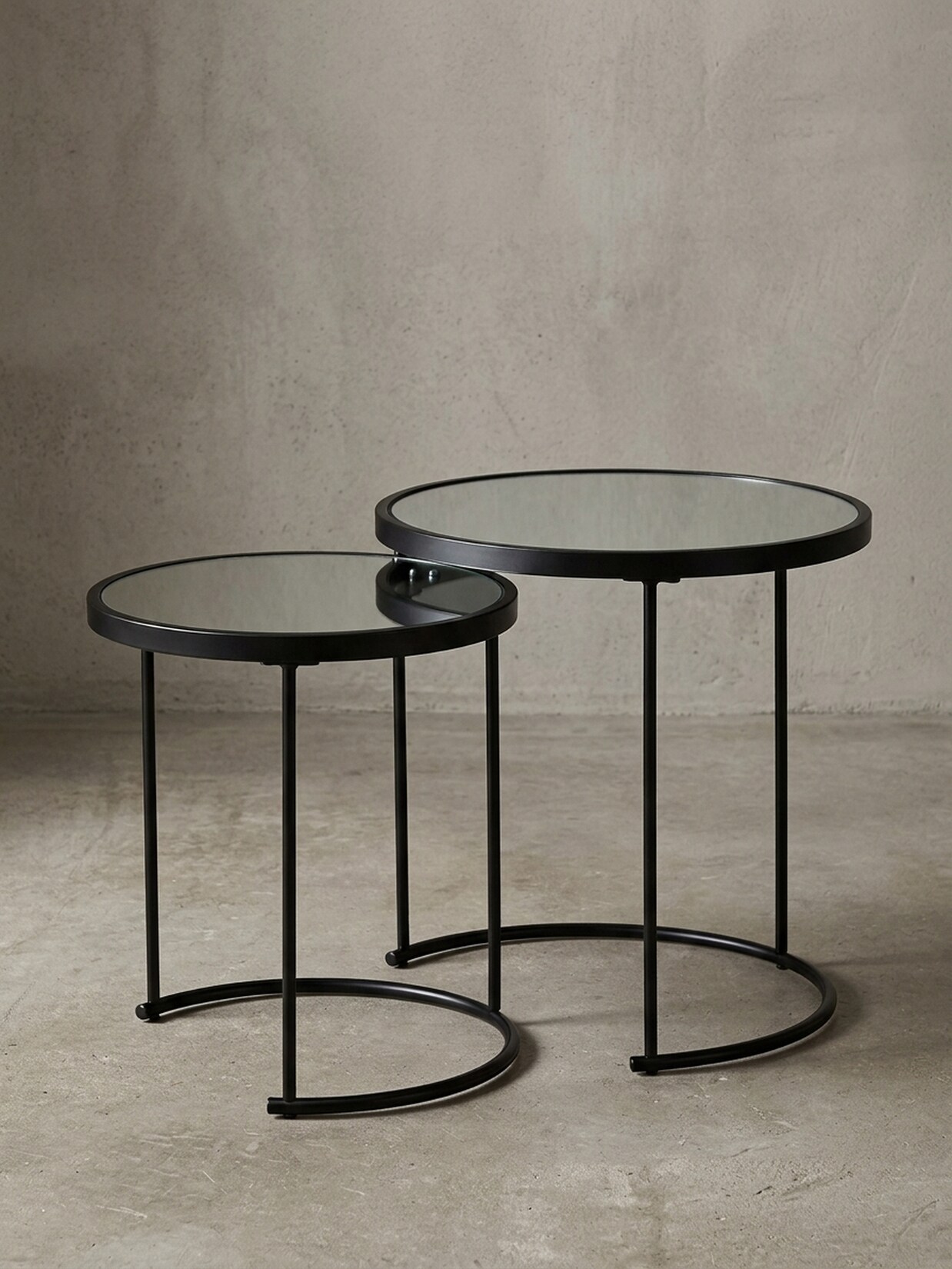 Beistelltisch Set – rund, Spiegelglas schwarz, 2-teilig, Ø50x42 cm
