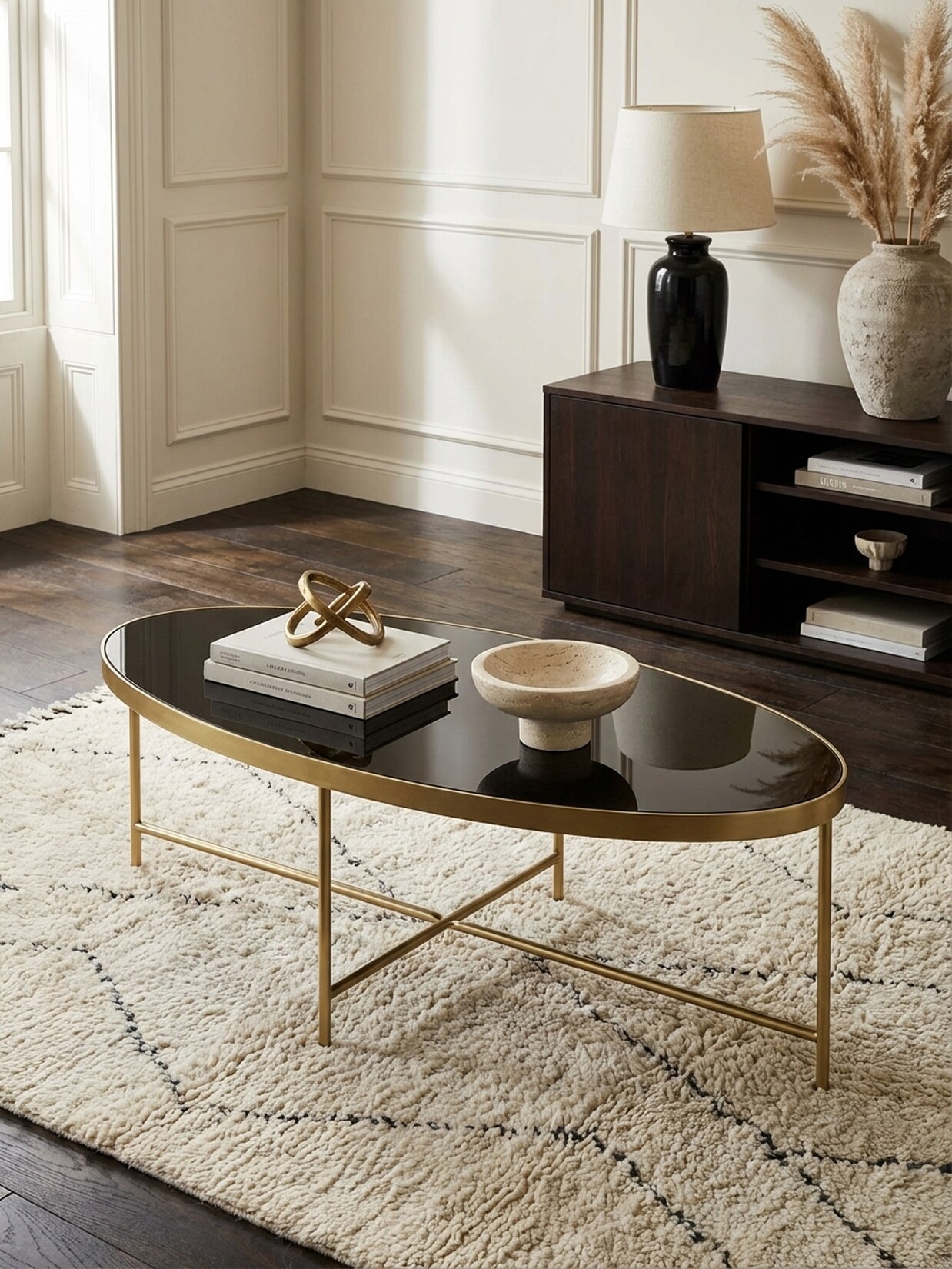 Couchtisch Schwarz aus Glas, Oval, mit Goldfarbenem Metallgestell, 110x56 cm
