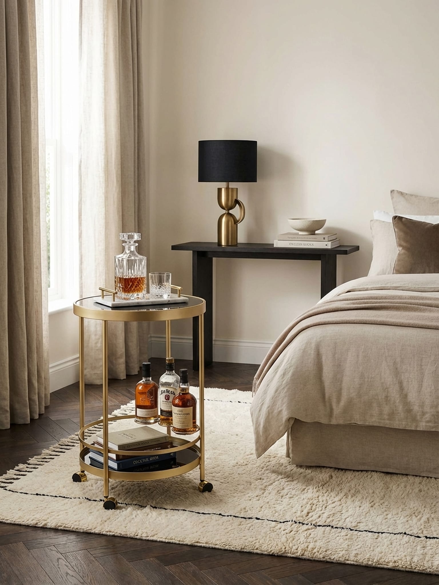 Servierwagen &ndash; Gold, &Oslash; 45 cm, Schwarzglas, 2 Ebenen, auf Rollen 