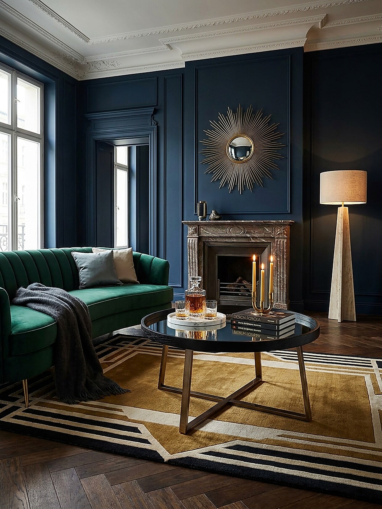 Couchtisch Dunkel-Gold Spiegelglasplatte Ø 78 cm Schwarz Metall-Gestell
