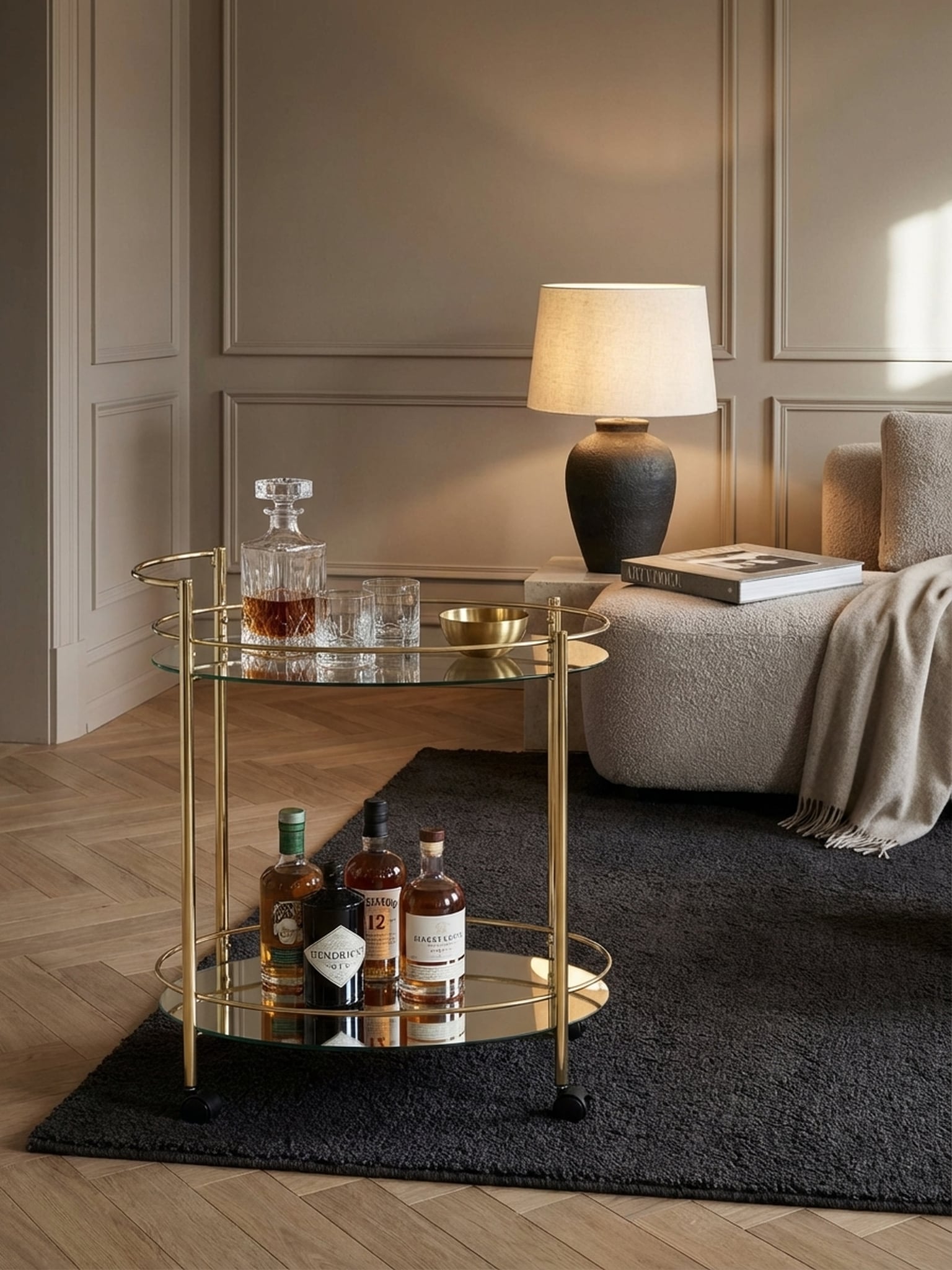 Servierwagen &ndash; Gold, 67x79 cm, Wei&szlig;glas, auf Rollen 