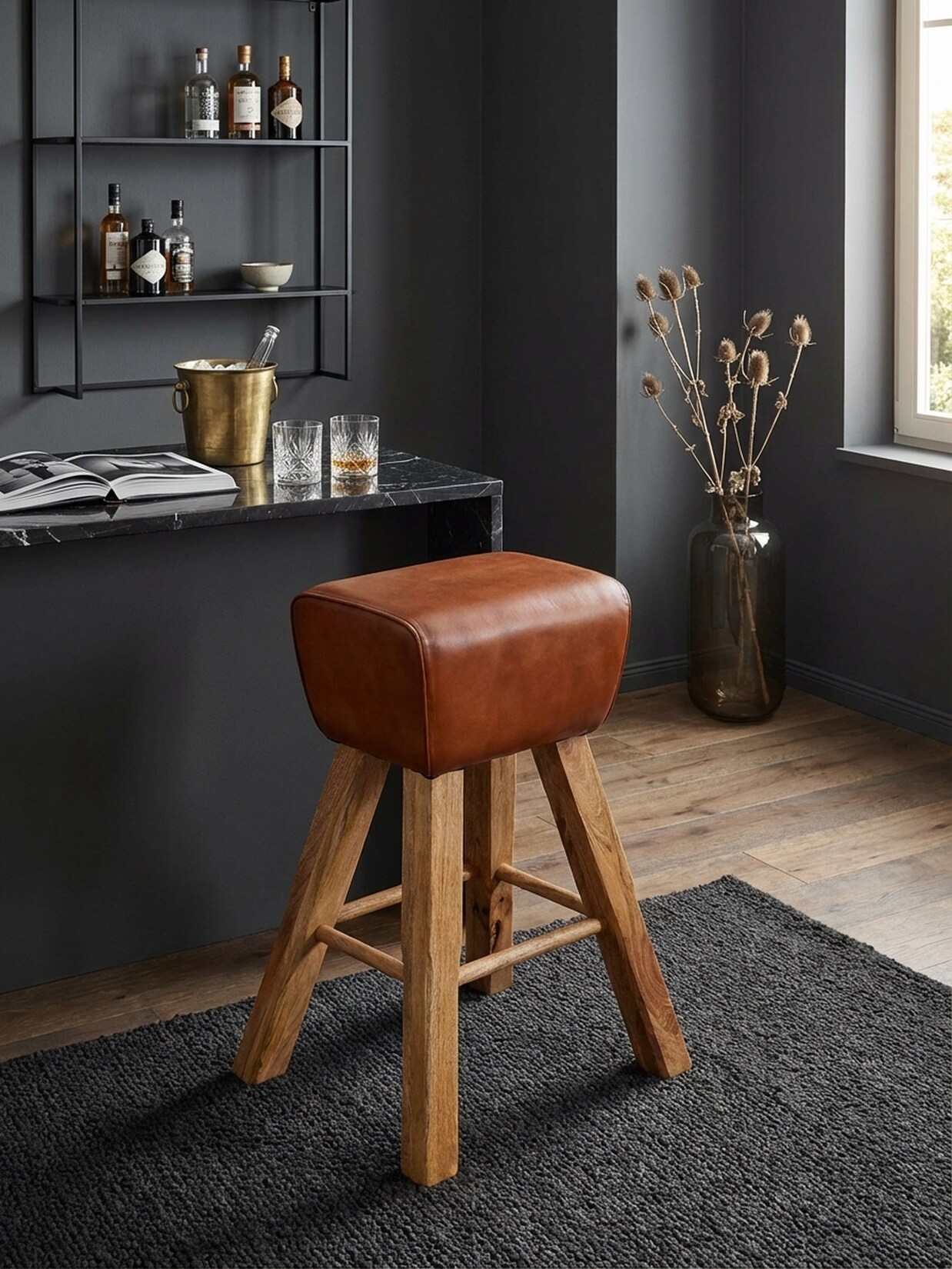 Barhocker – Mango Massivholz und Echtleder, Turnbock-Design, 43x75x43 cm, Braun, ohne Lehne