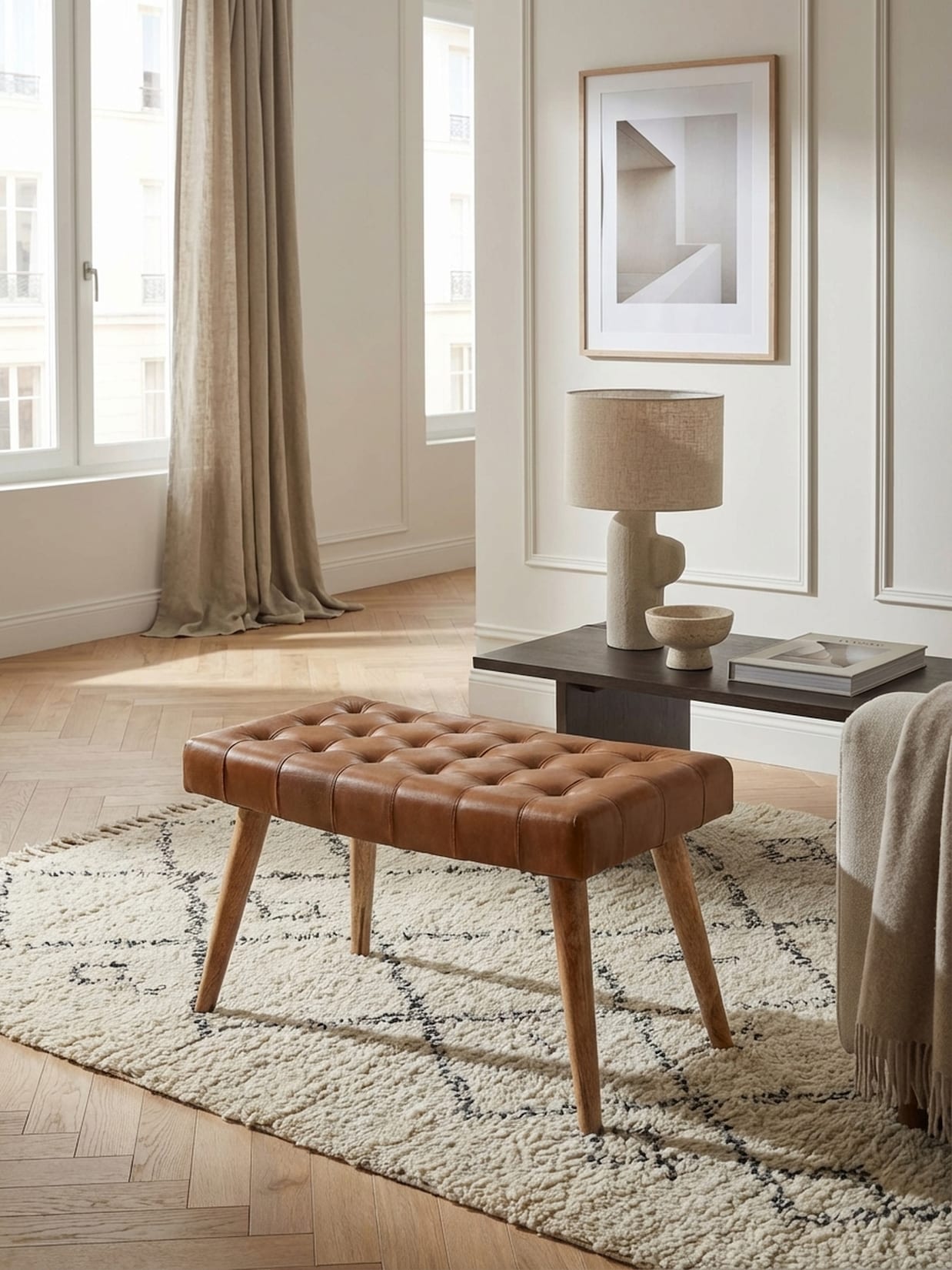 Sitzhocker – Mango Massivholz/Echtleder, 67x47x39 cm, Chesterfield-Design