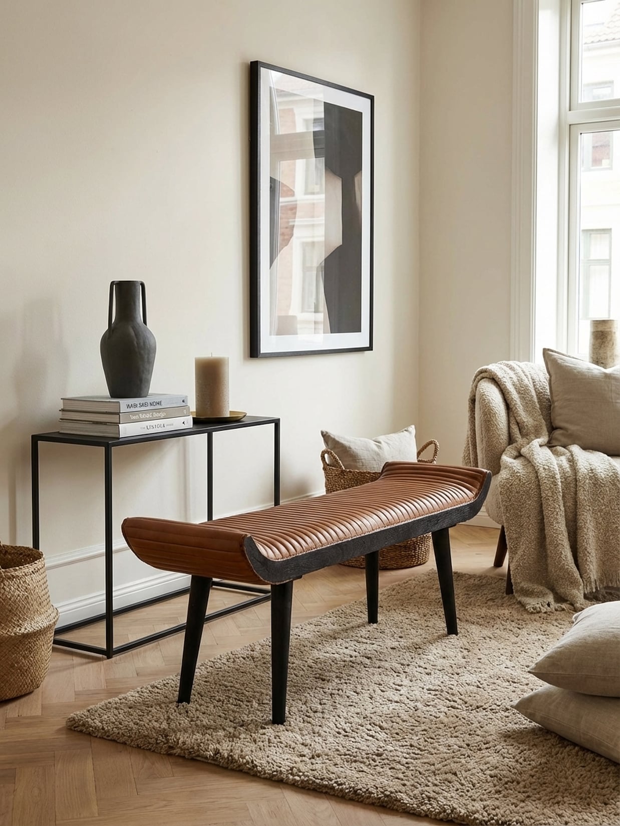 Sitzbank – Echtleder/Holz, 125x51x38 cm, Modern