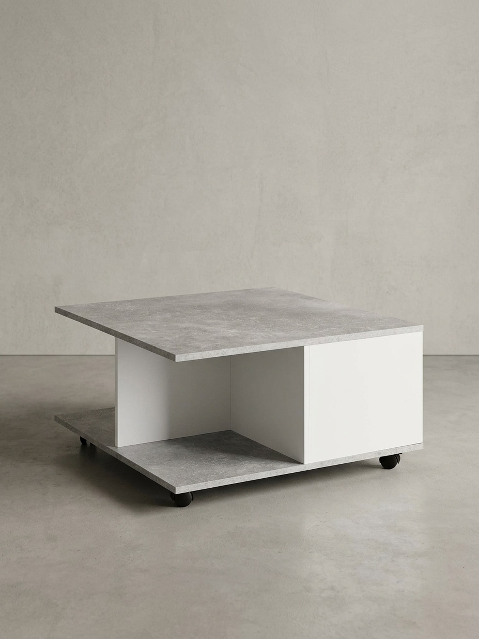 Couchtisch mit Rollen, 2 Schubladen und F&auml;chern, Hellgrau 70x70x36 cm 
