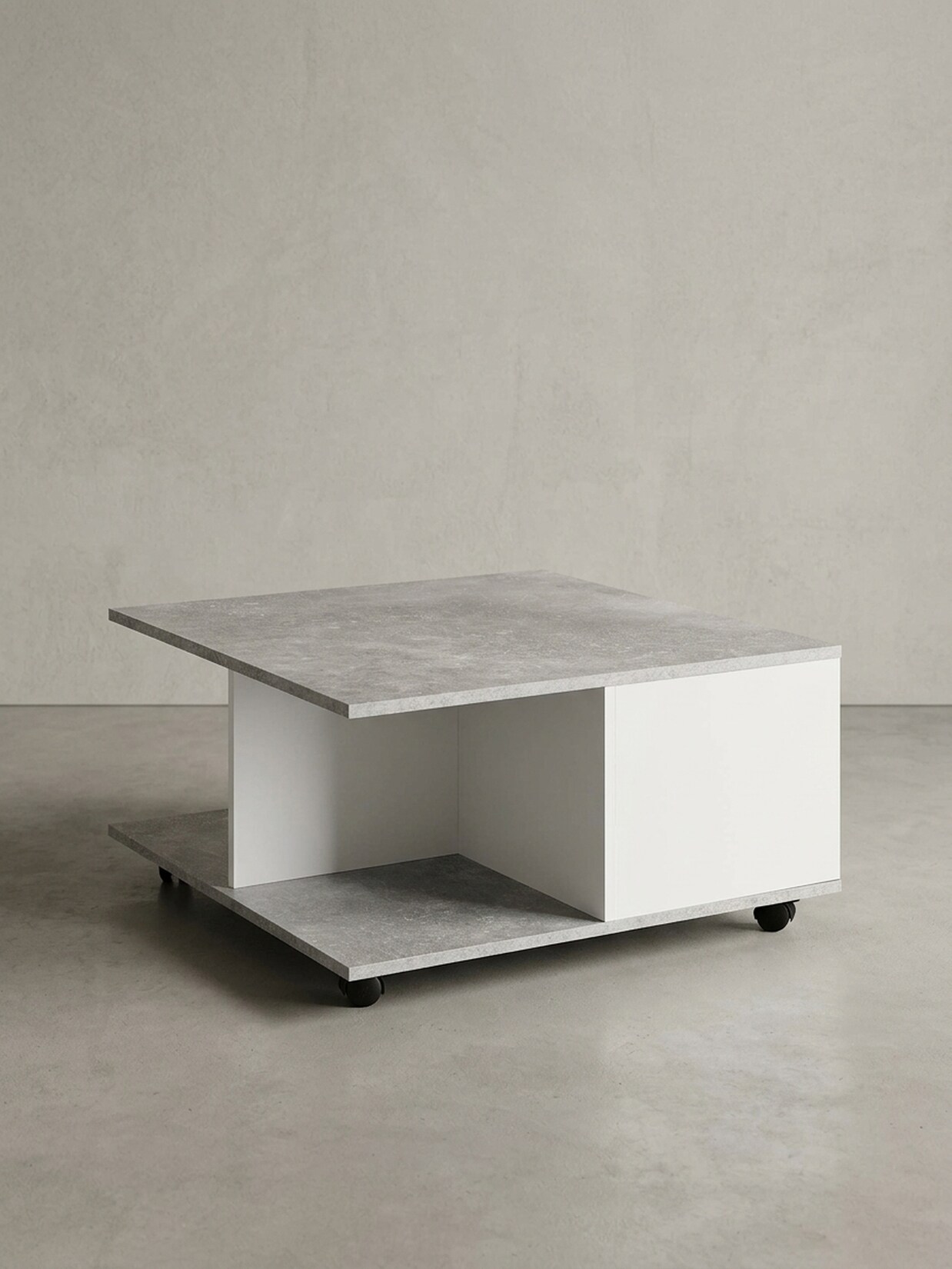 Couchtisch mit Rollen, 2 Schubladen und Fächern, Hellgrau 70x70x36 cm