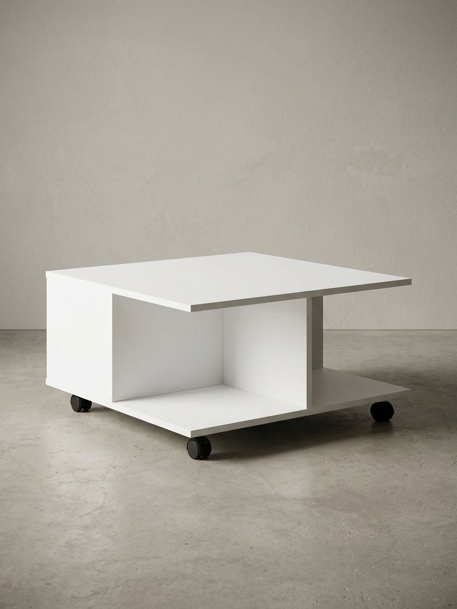 Couchtisch mit Rollen, 2 Schubladen und F&auml;chern, Wei&szlig; 70x70x36 cm 
