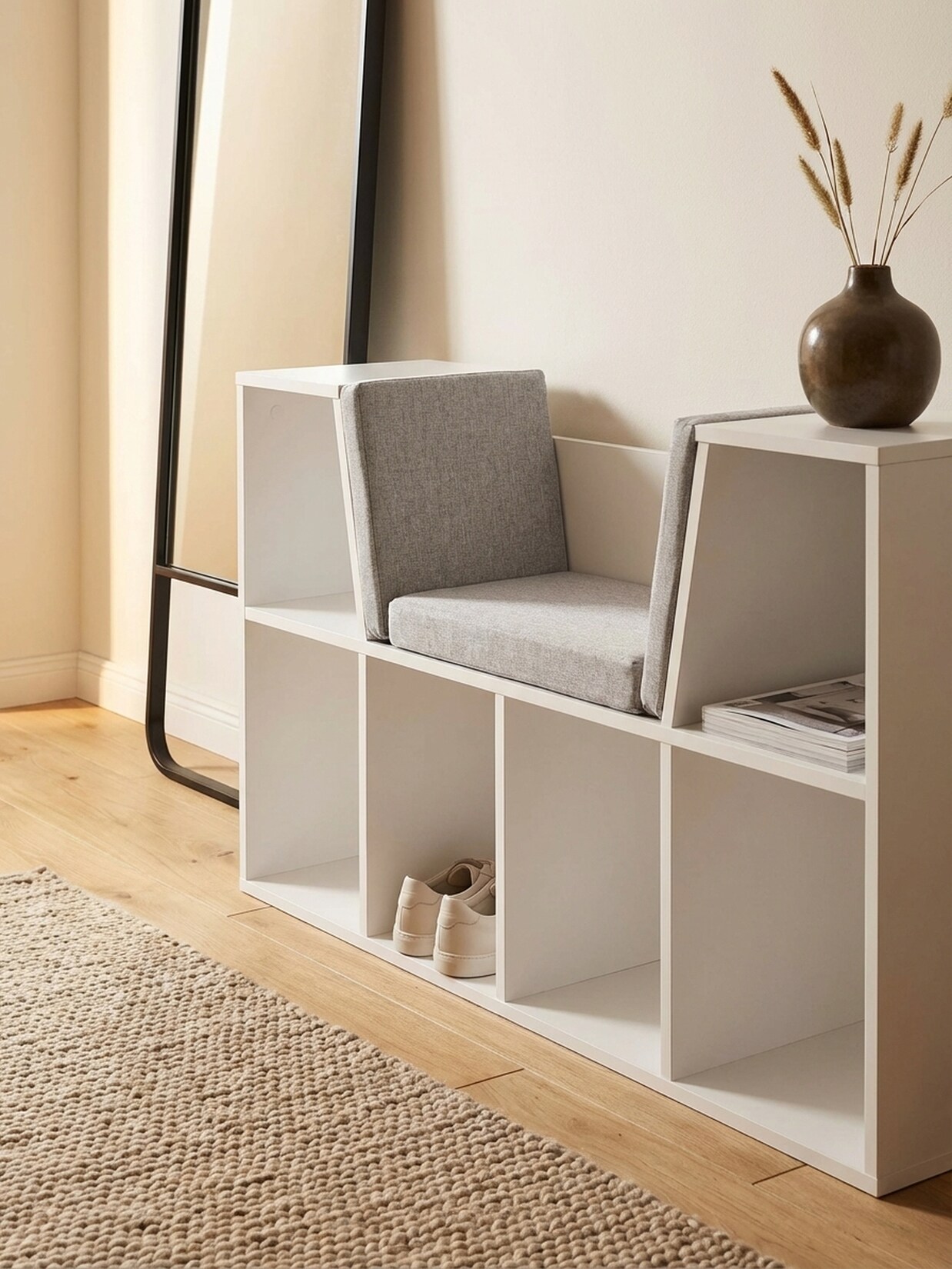 Regalbank – Weiß matt, 101,5x61,5x30 cm, mit Sitzfläche Grau, 6 Fächer
