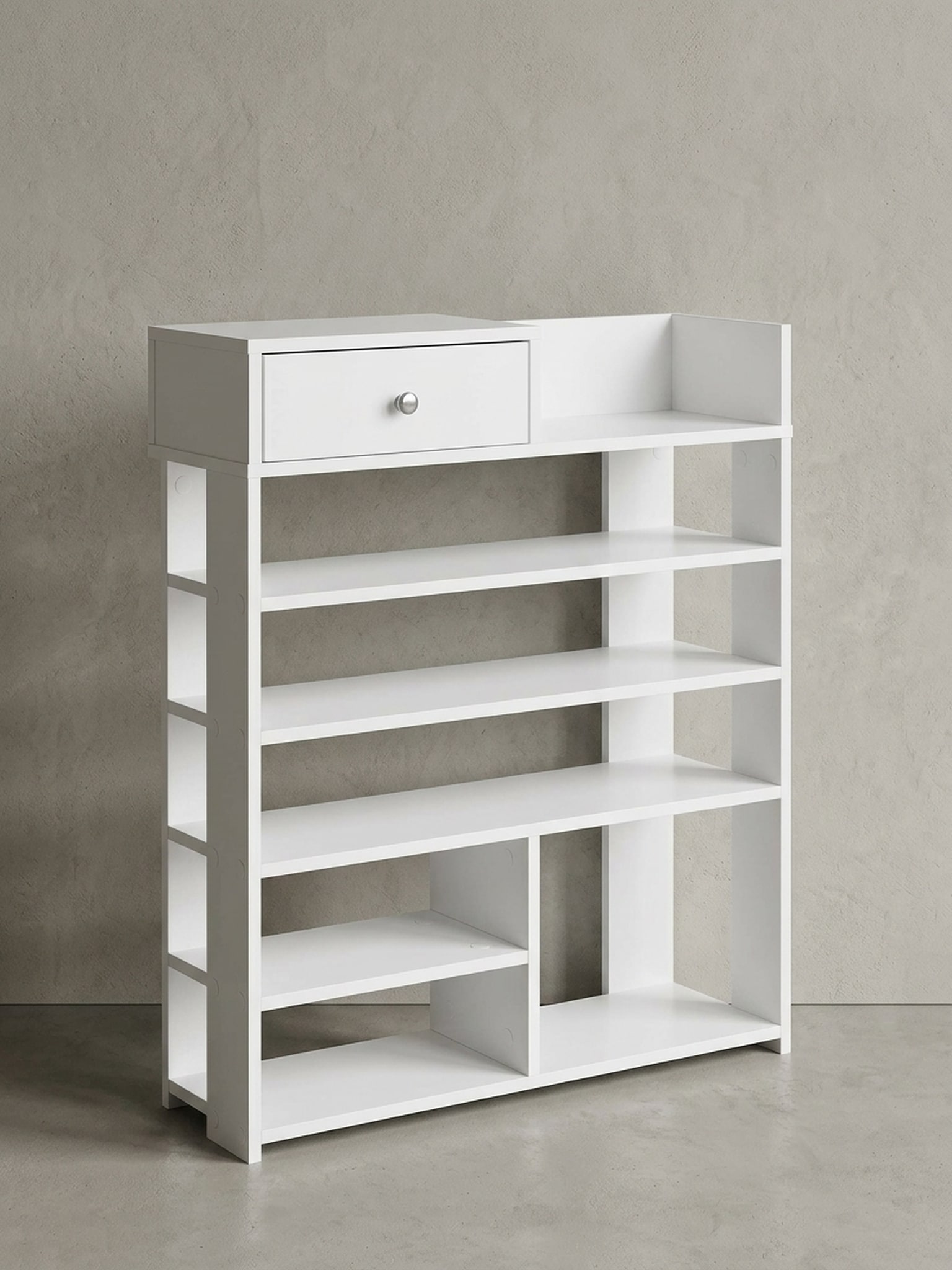Schuhregal &ndash; Wei&szlig;, 75x92,5x24 cm, hoch, 7 F&auml;cher, mit Schublade 