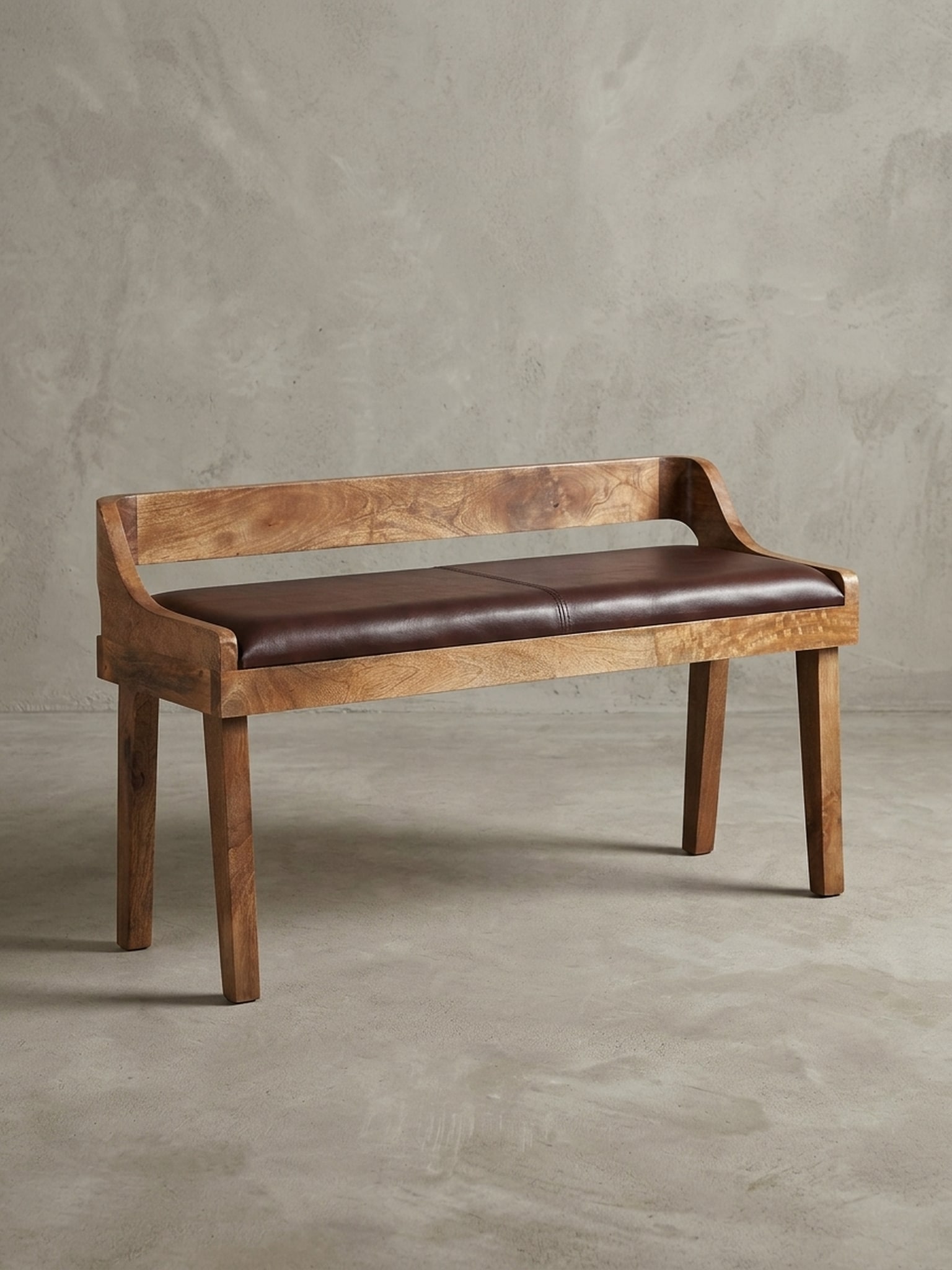 Sitzbank &ndash; Leder/Massivholz, 108x63x43 cm, Braun, mit Lehne 