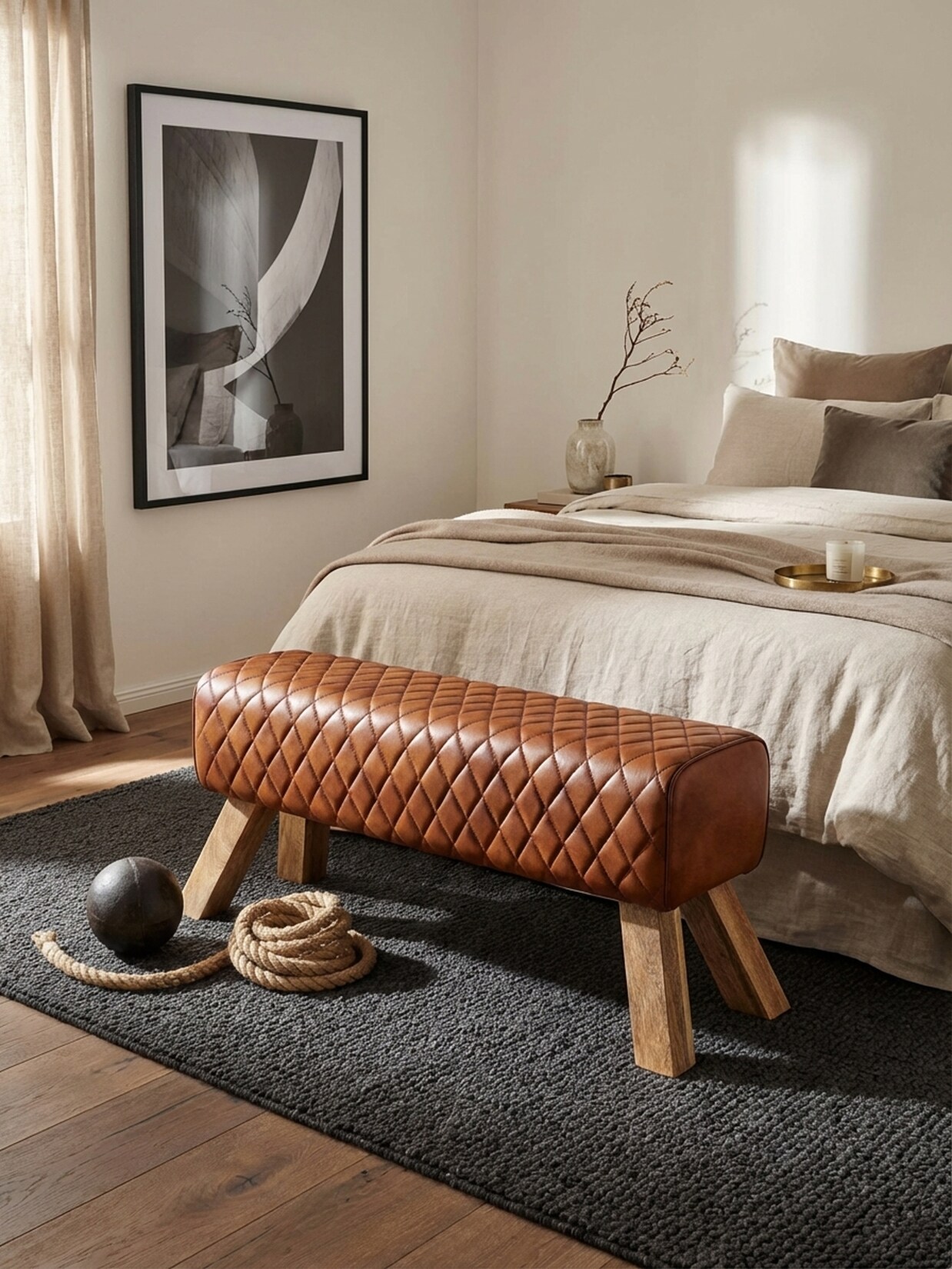 Sitzbank – Leder/Massivholz, 89x46x35 cm, Turnbock-Design