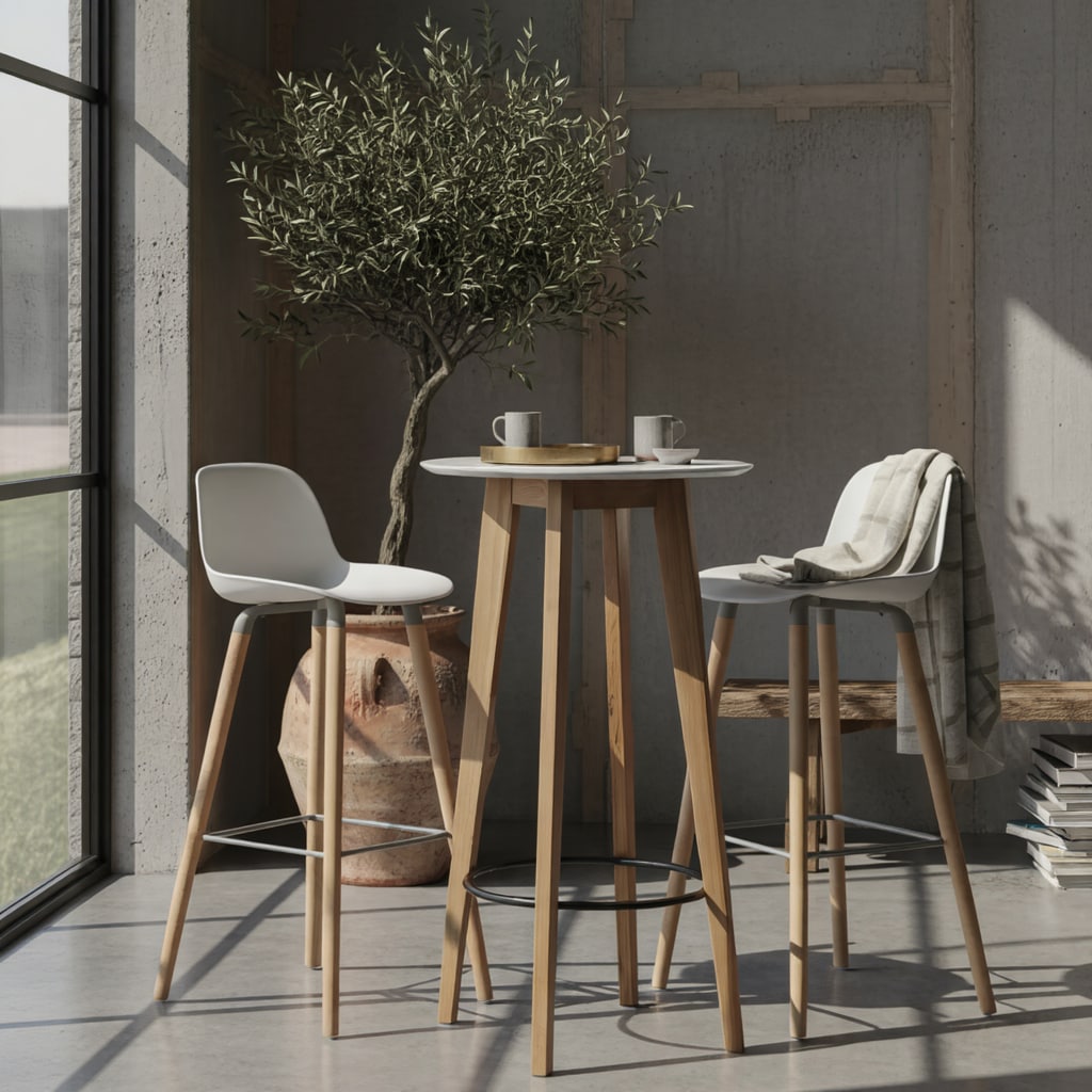 Stehtisch – Weiß, 60x110x60 cm, rund, Holzoptik, skandinavisch