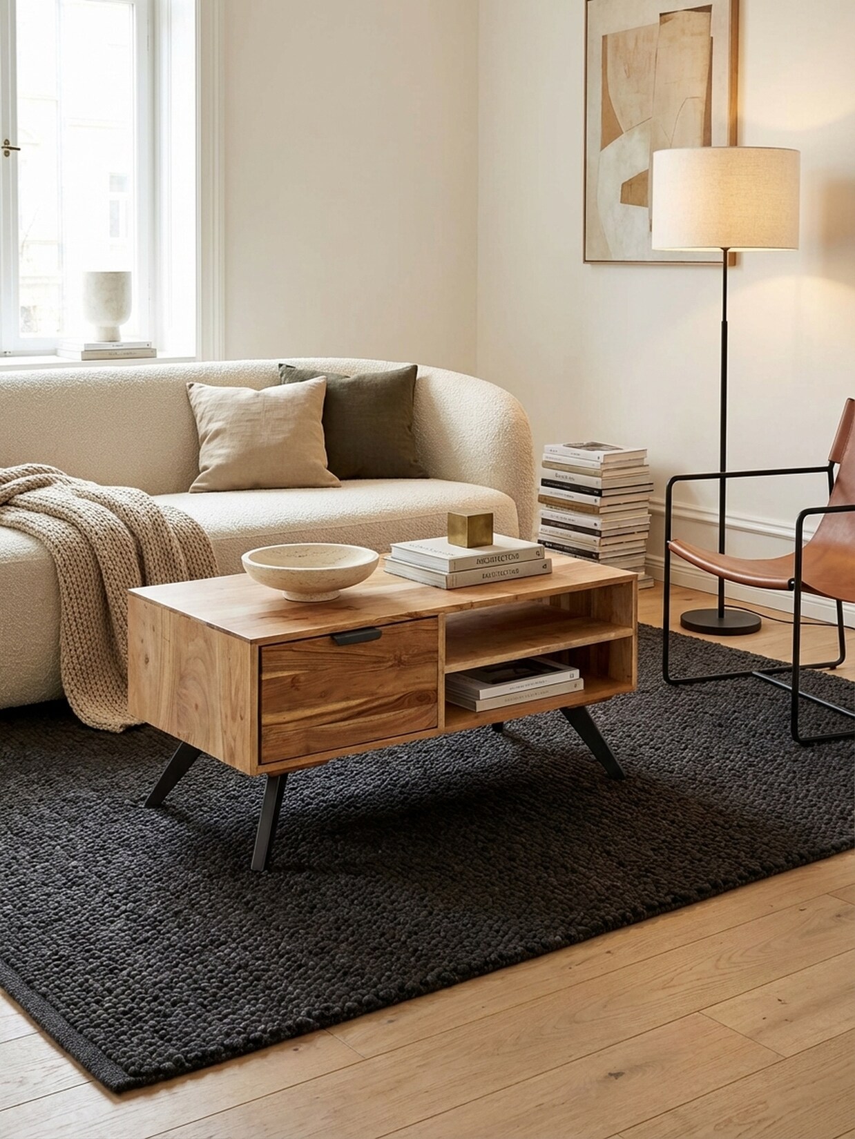 Couchtisch Akazie Massivholz Rechteckig 95x45x45 cm mit Stauraum und Schublade