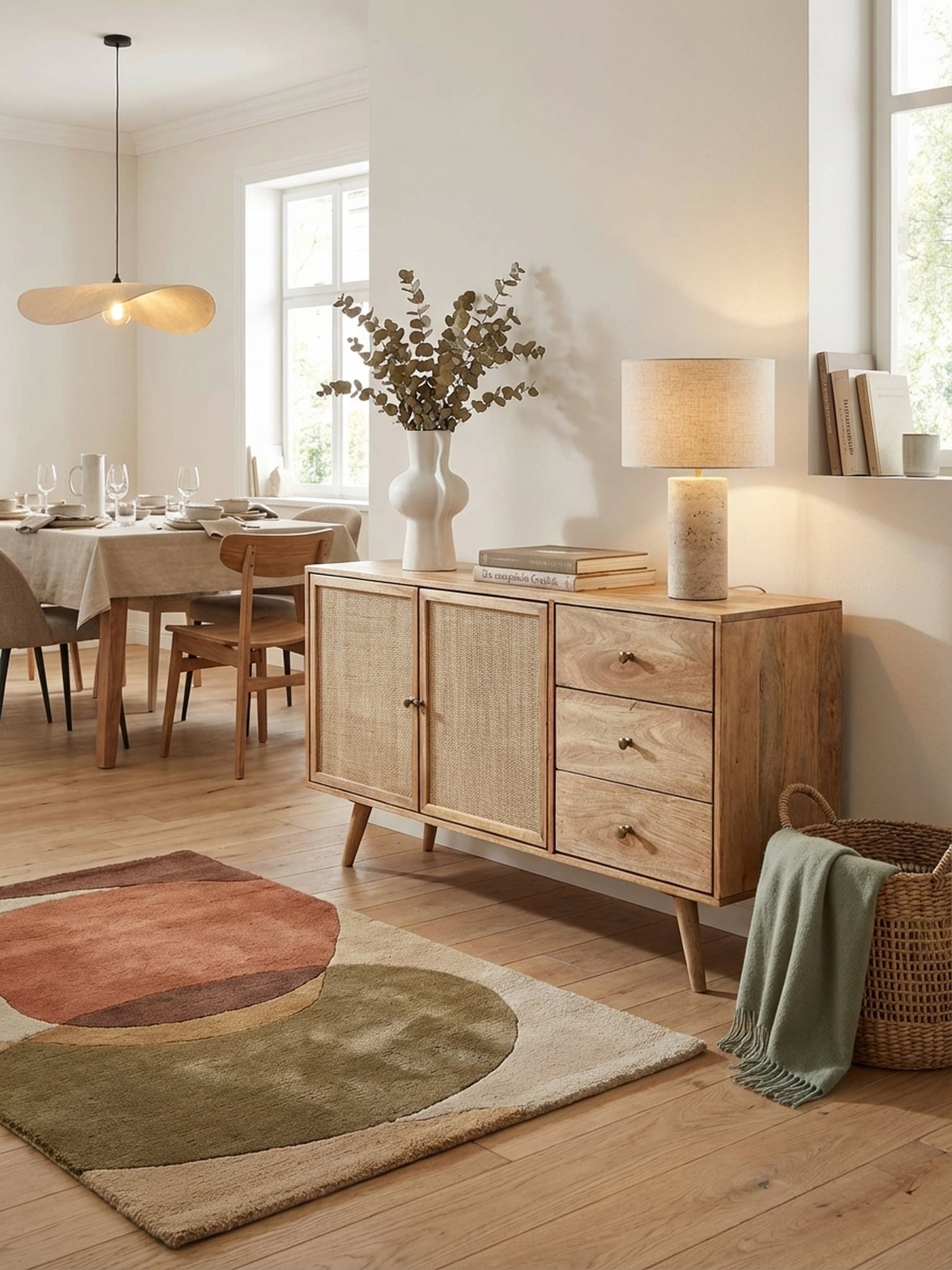 Sideboard &ndash; Mango Massivholz/Rattan, 140x75x40&nbsp;cm, 3 Schubladen, 2 T&uuml;ren 