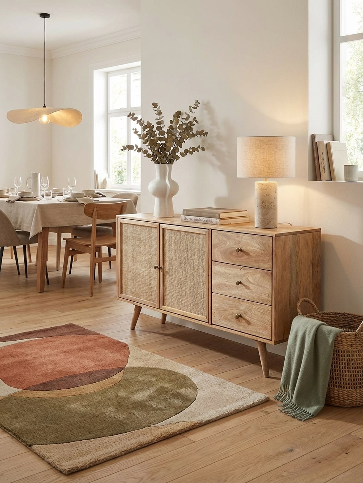 Sideboard – Mango Massivholz/Rattan, 140x75x40 cm, 3 Schubladen, 2 Türen