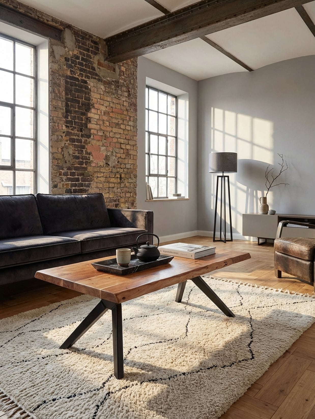 Couchtisch in Braun aus massivem Akazienholz mit Baumkante, 115x37x64 cm