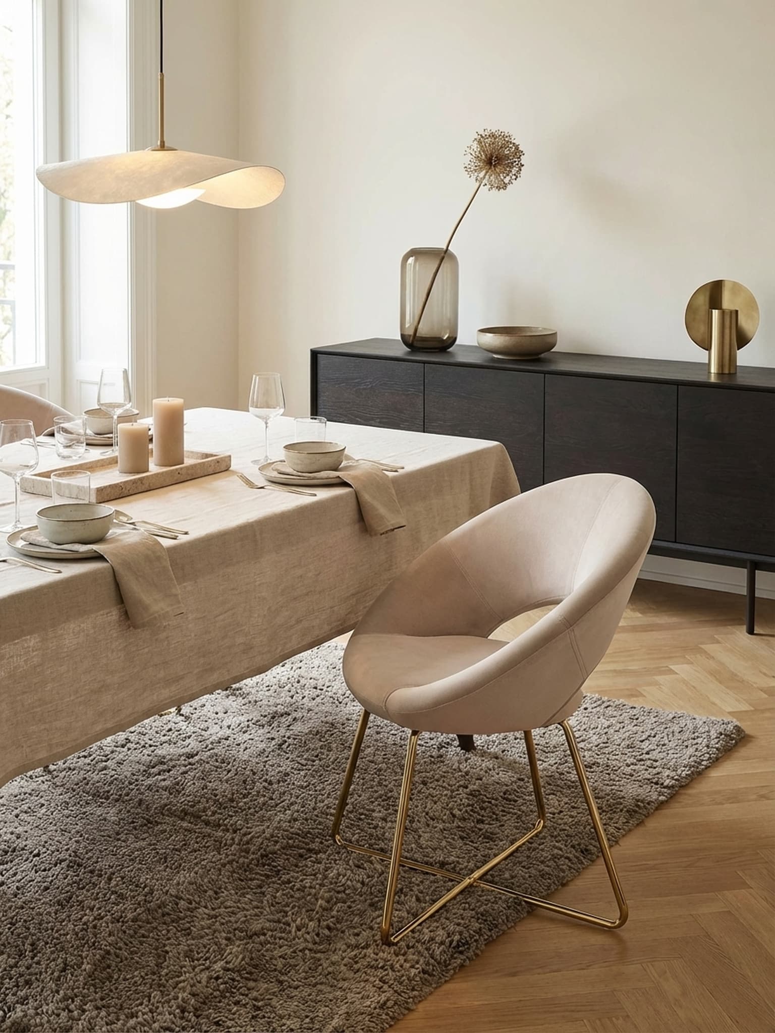 Esszimmerstuhl aus Samt Beige mit goldfarbenem Metallgestell 