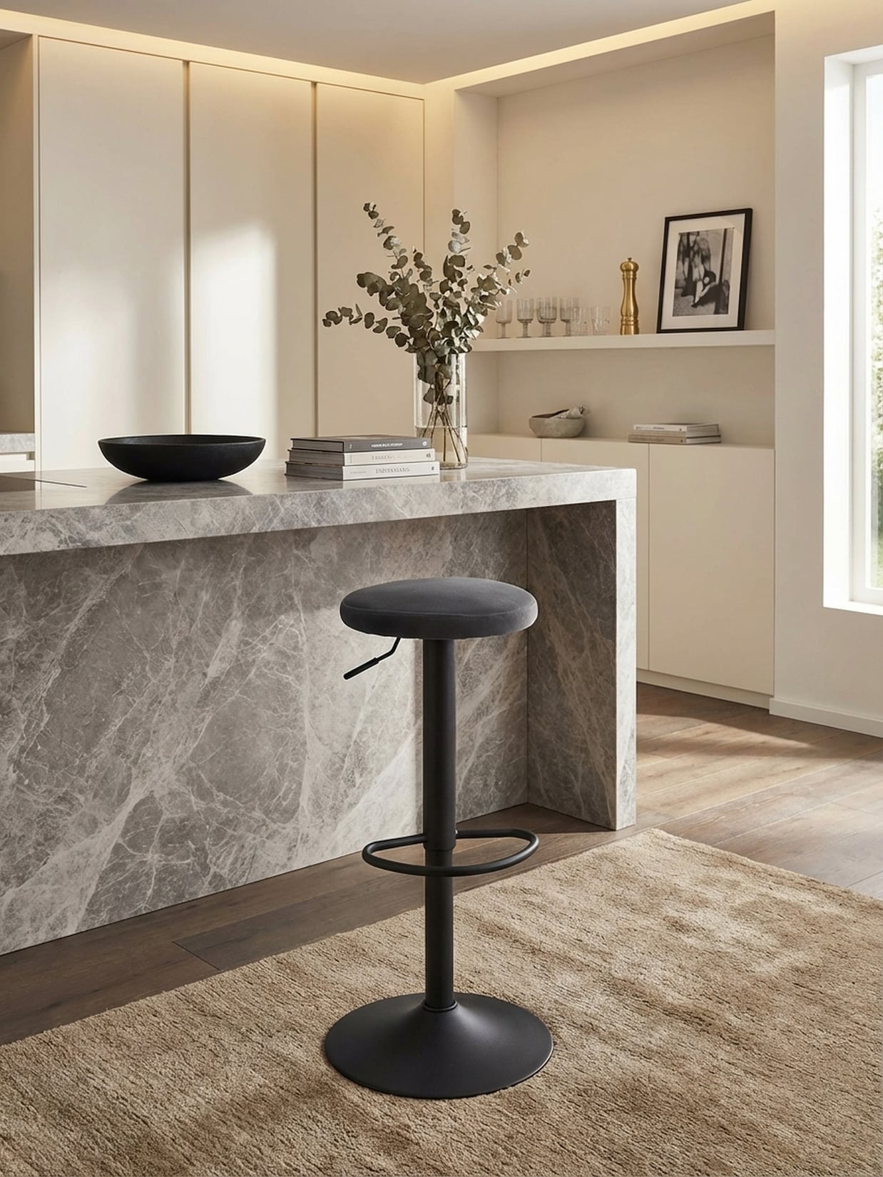Barhocker Samt Höhenverstellbar Ohne Lehne Drehbar Metallgestell, Grau 40x40x79 cm
