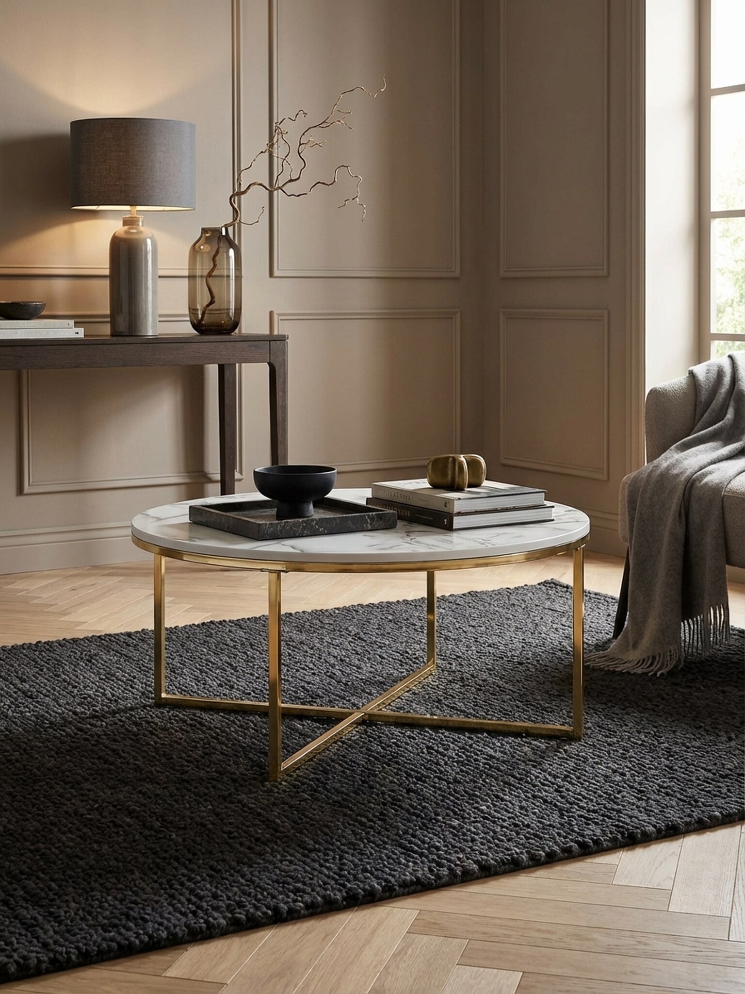 Couchtisch mit Marmoroptik und Metall-Gestell, Rund, Wei&szlig; 80x80x36 cm 