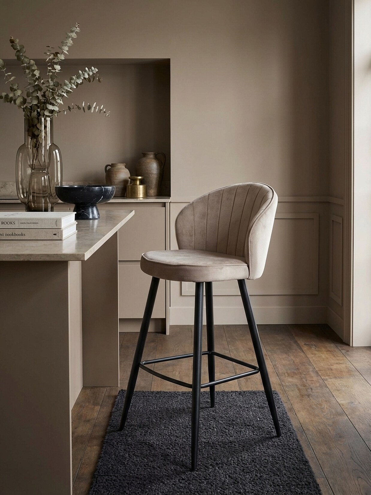 Barhocker Samt Lehne Skandi-Stil Stoff Metall Gepolstert, Beige 53x56x103 cm