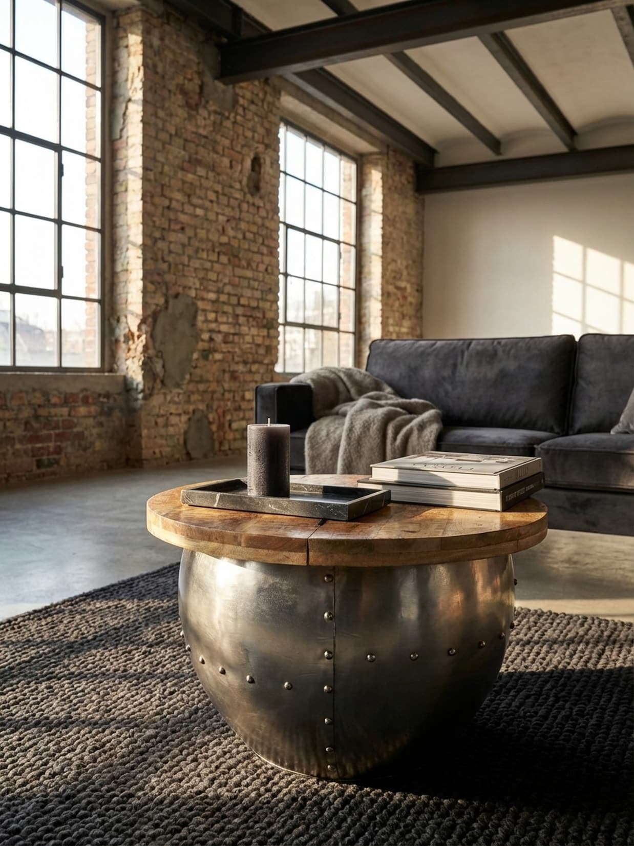 Couchtisch Mangoholz Metall Industrial 60x43x60 cm Rund mit Stauraum Silber