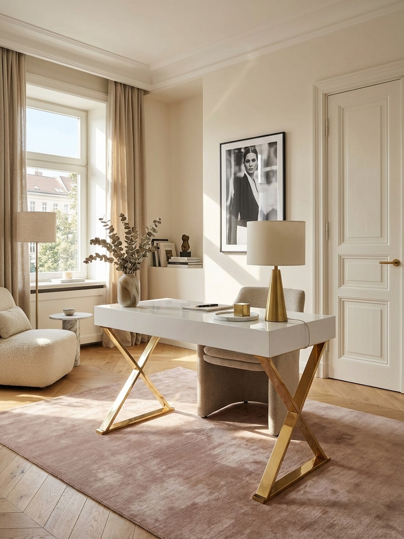 Schreibtisch &ndash; Hochglanz Wei&szlig;, 118x76x57 cm, goldene Metallbeine, 2 Schubladen 