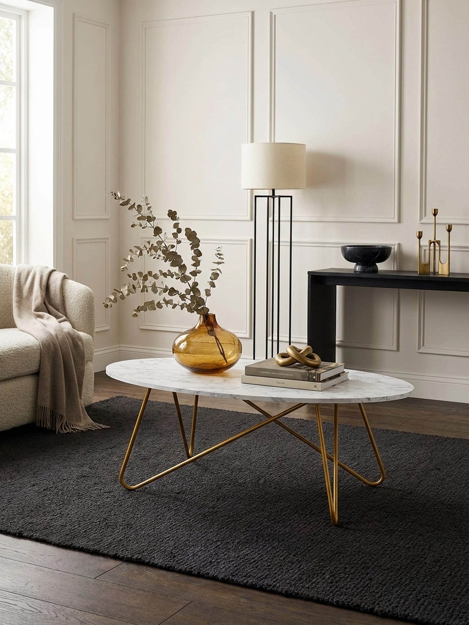 Couchtisch in Wei&szlig; mit Marmor-Optik und Metall-Gestell, 120x40x60 cm 