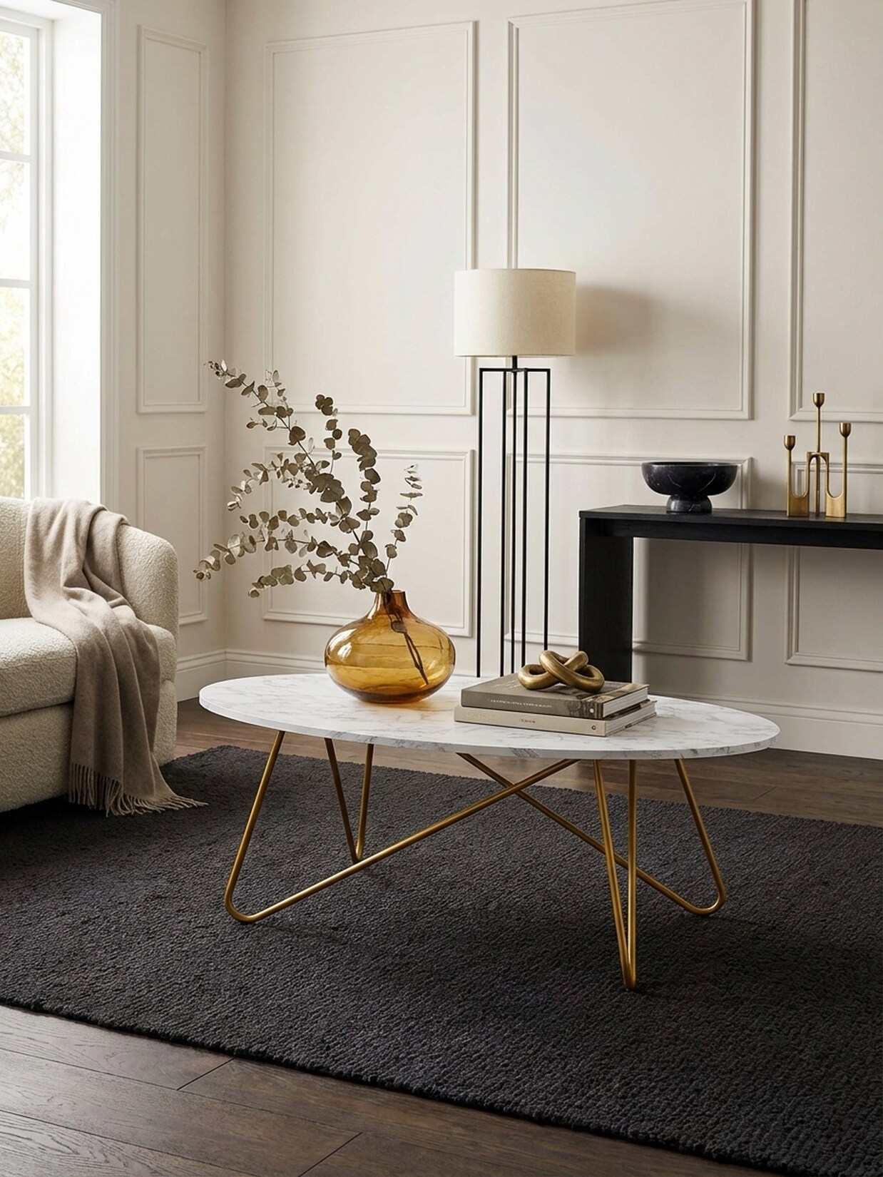 Couchtisch in Weiß mit Marmor-Optik und Metall-Gestell, 120x40x60 cm