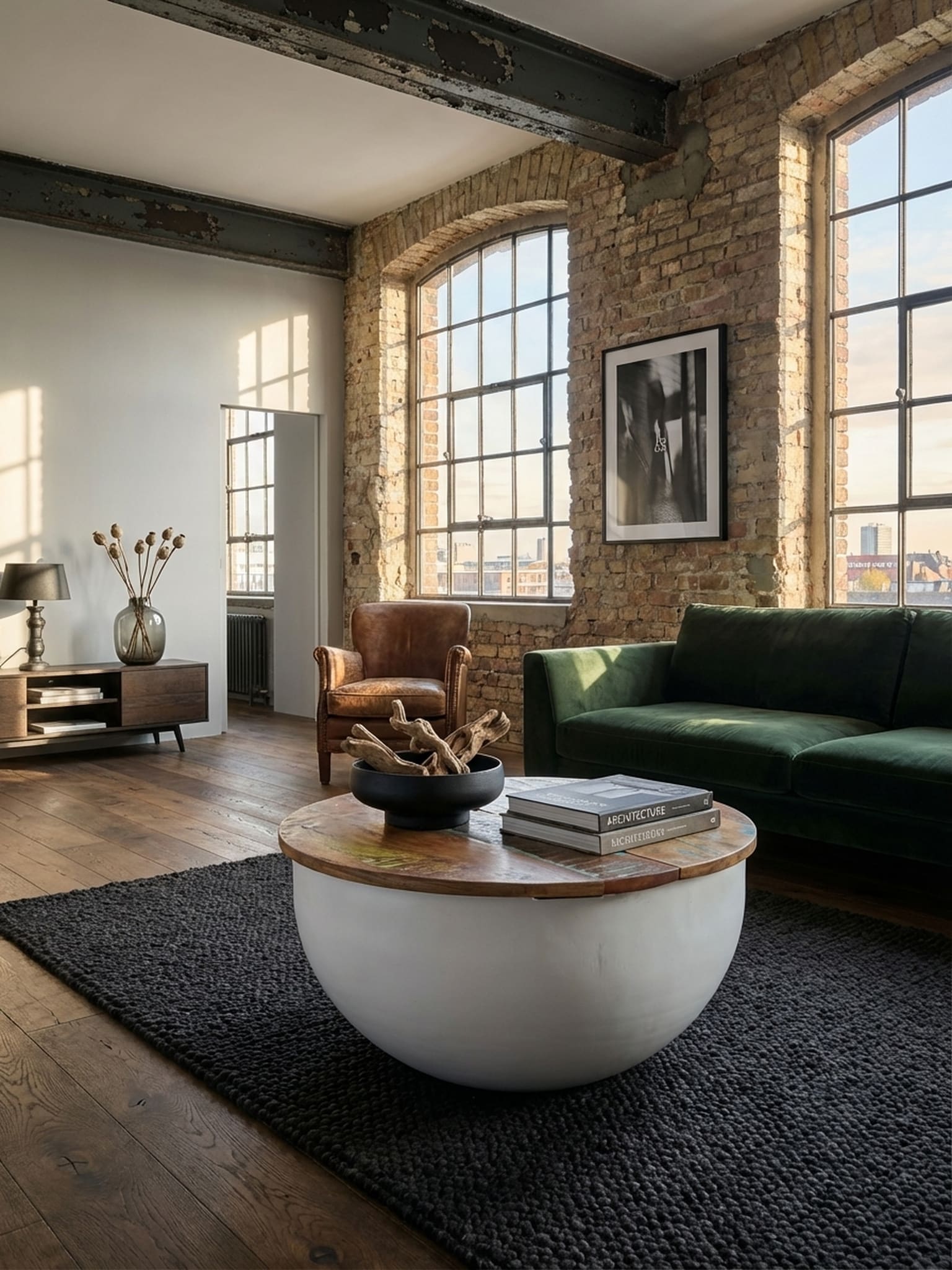 Couchtisch Wei&szlig; Massivholz Industrial Rund 60x34x60 cm mit Stauraum 