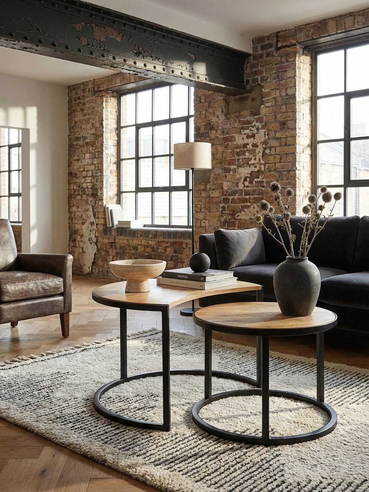 Couchtisch 2er Set Mango Massivholz Metall Rund Industrial, Hellbraun 41x60x41 cm