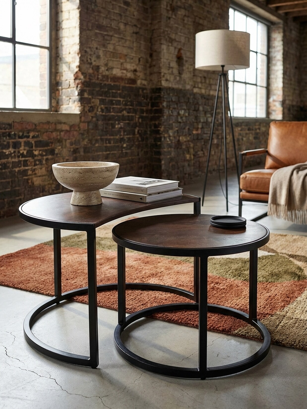 Couchtisch 2er Set Mango Massivholz Metall Rund Industrial, Dunkelbraun 41x60x41 cm