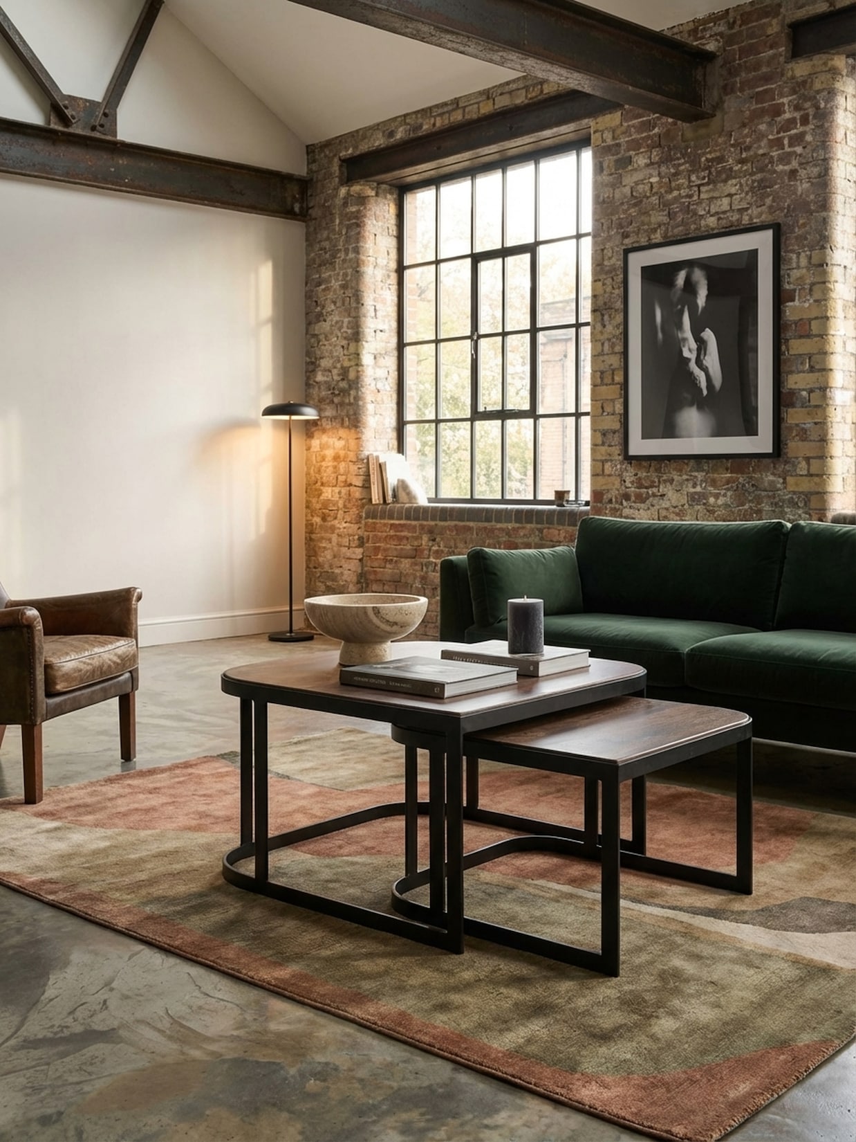 Couchtisch 2er Set Mango Massivholz Metall Rund Industrial Hell, Dunkelbraun 60x60x40 cm