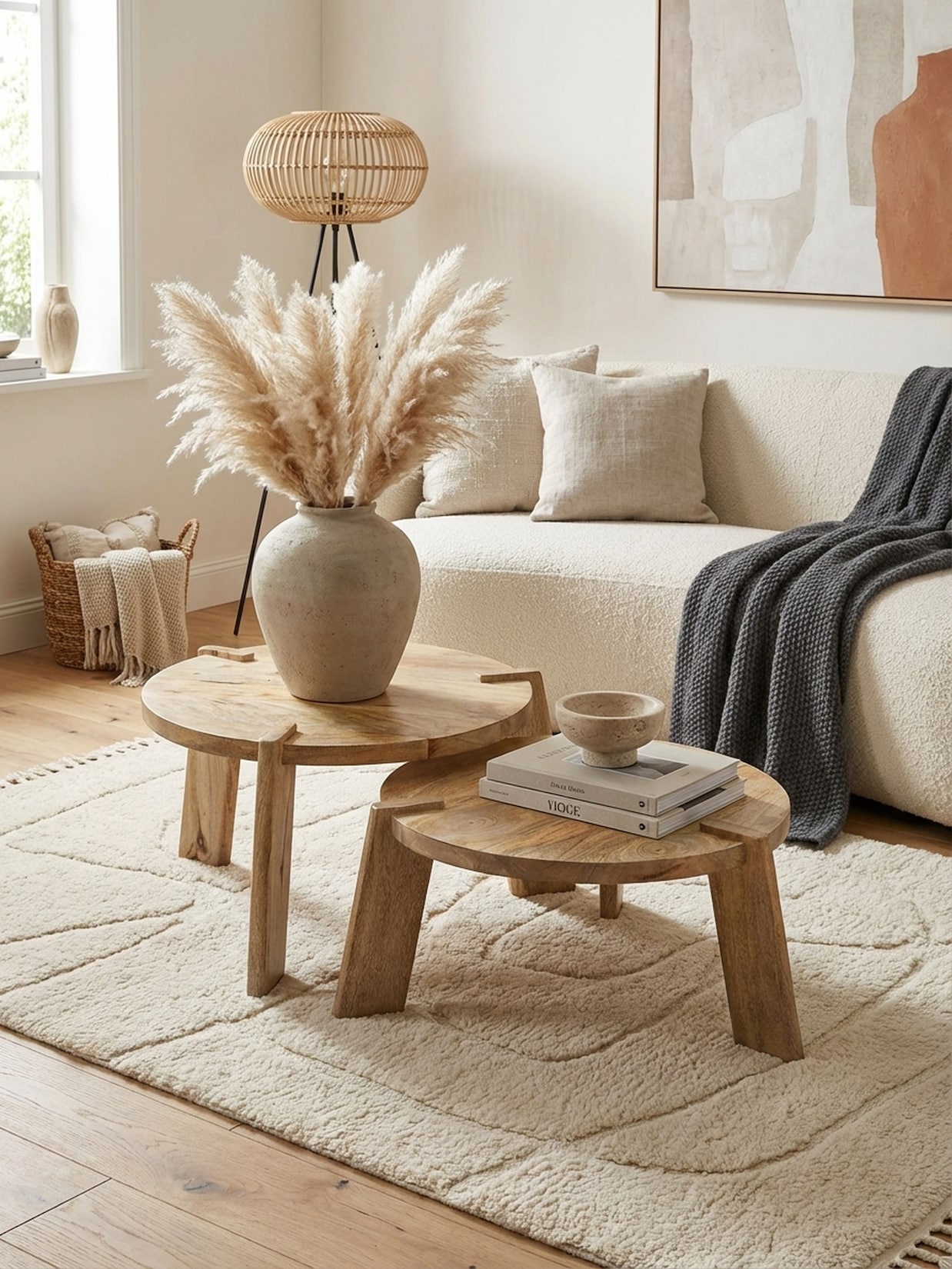 Couchtisch 2er Set Mango Massivholz Rund, Hellbraun 53x53x32 cm