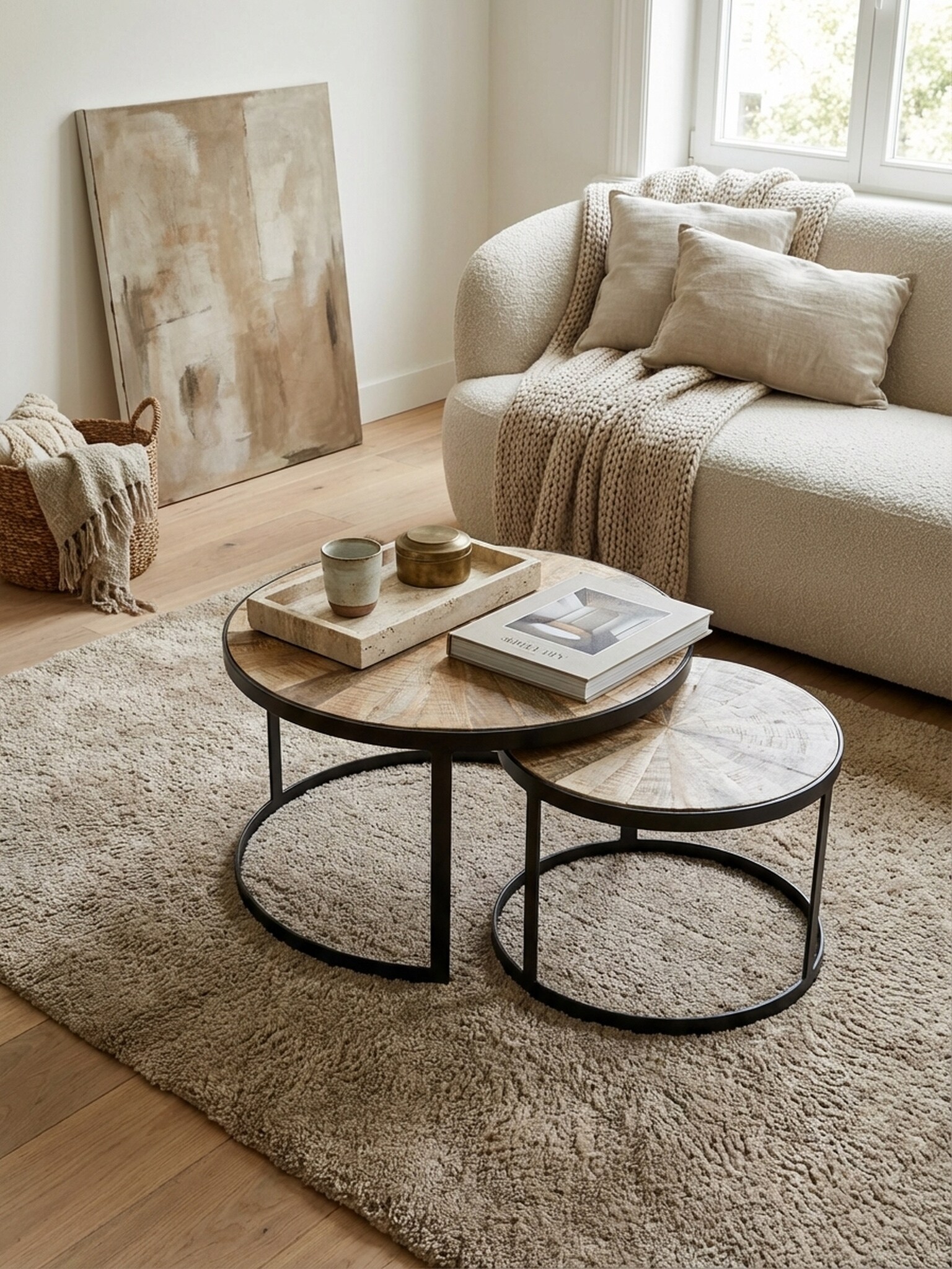 Couchtisch 2er Set Massivholz Metall Rund, Mango 60x60x40 cm 