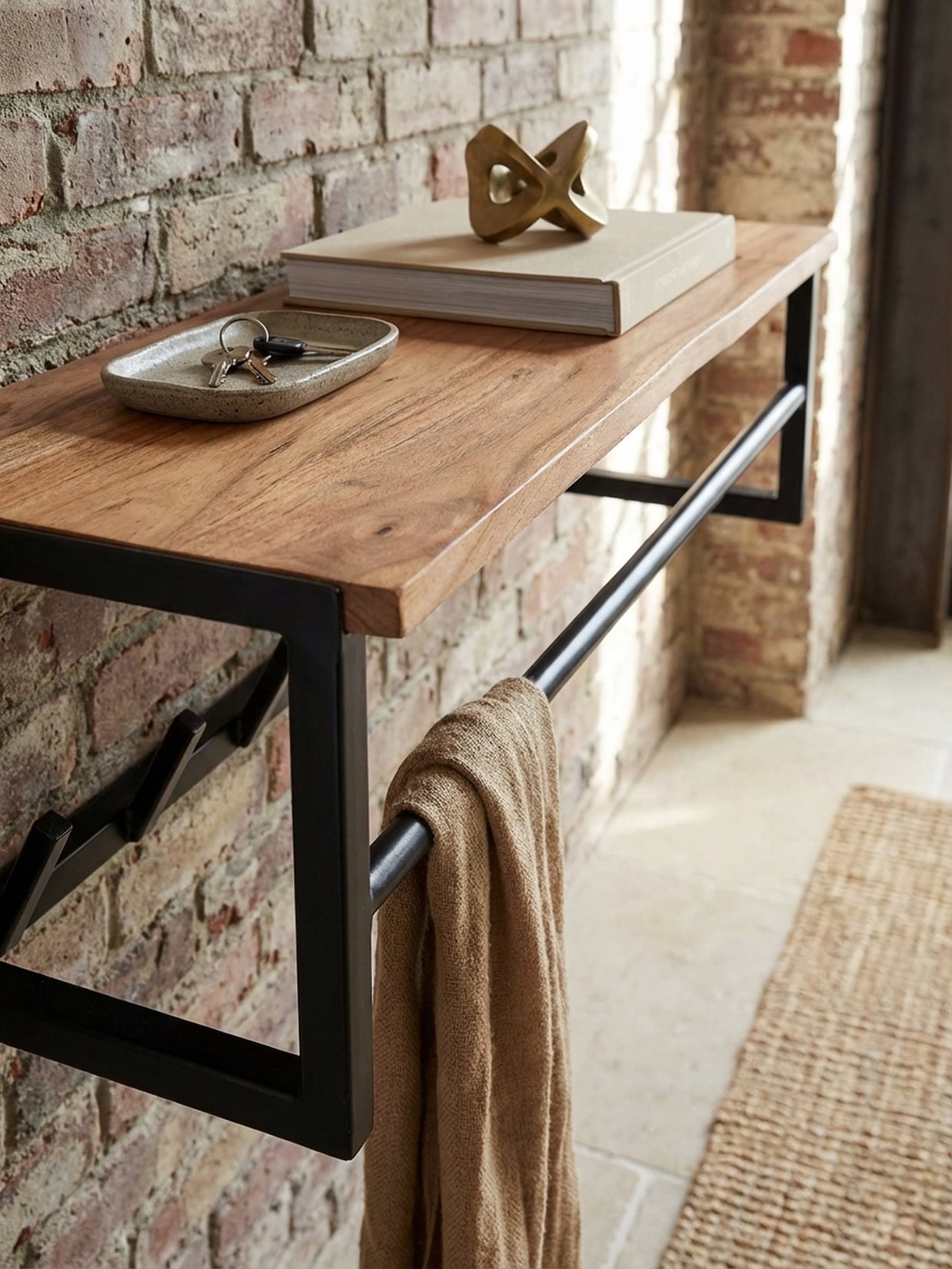 Wandgarderobe Akazie Massivholz Metall Modern 80x22x33 cm mit Ablage und Kleiderstange