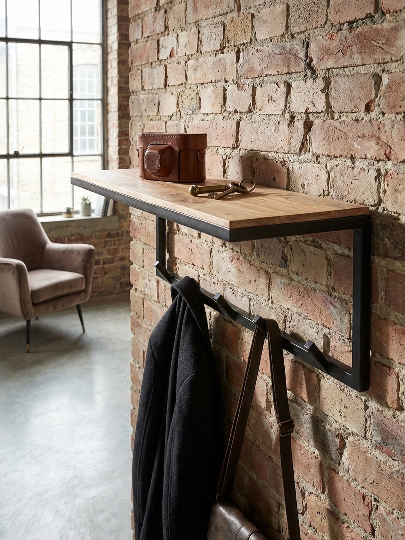 Wandgarderobe Akazie Massivholz Metall Modern 70x27x30 cm mit Hakenleiste und Ablage 