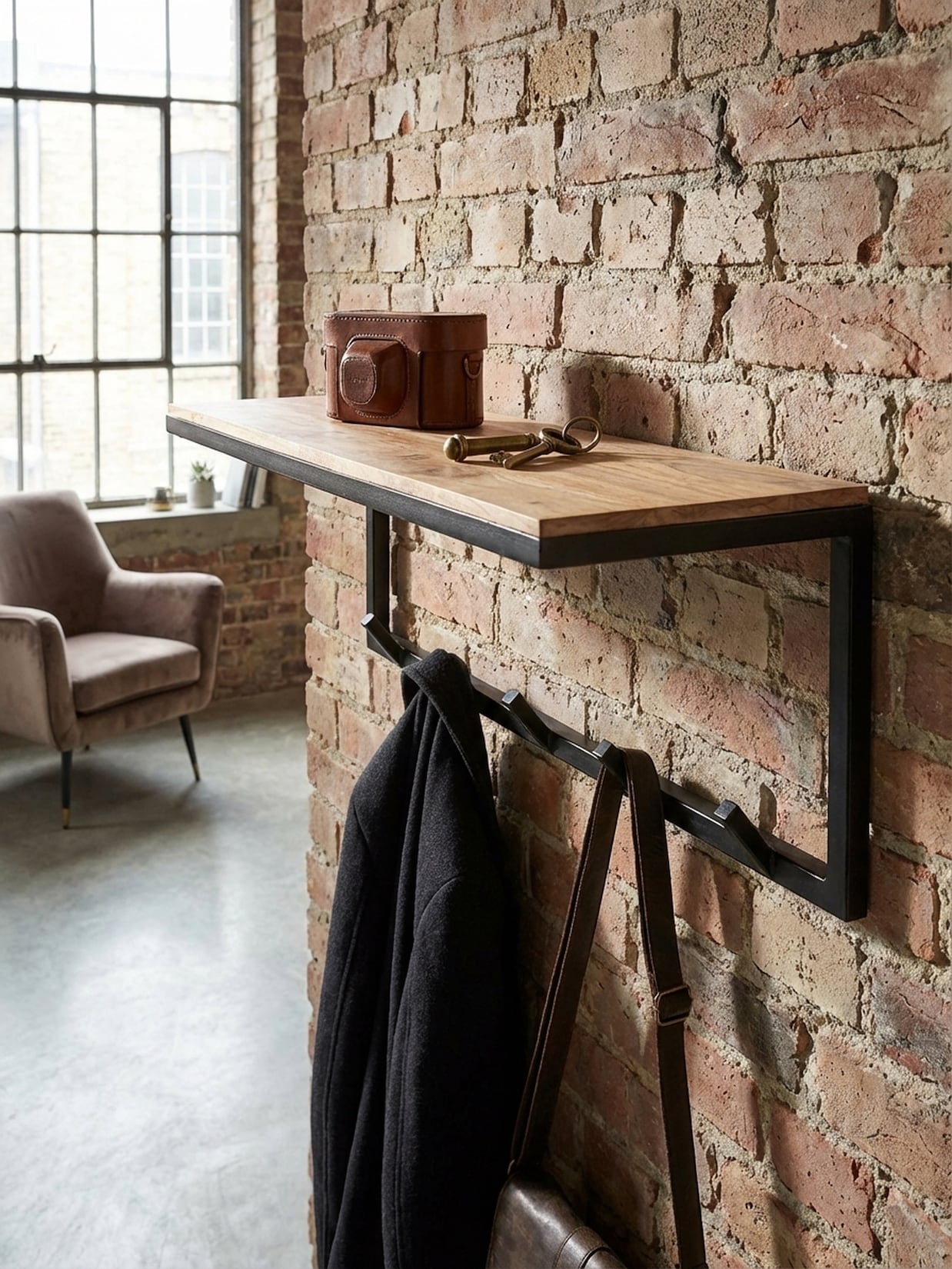Wandgarderobe Akazie Massivholz Metall Modern 70x27x30 cm mit Hakenleiste und Ablage