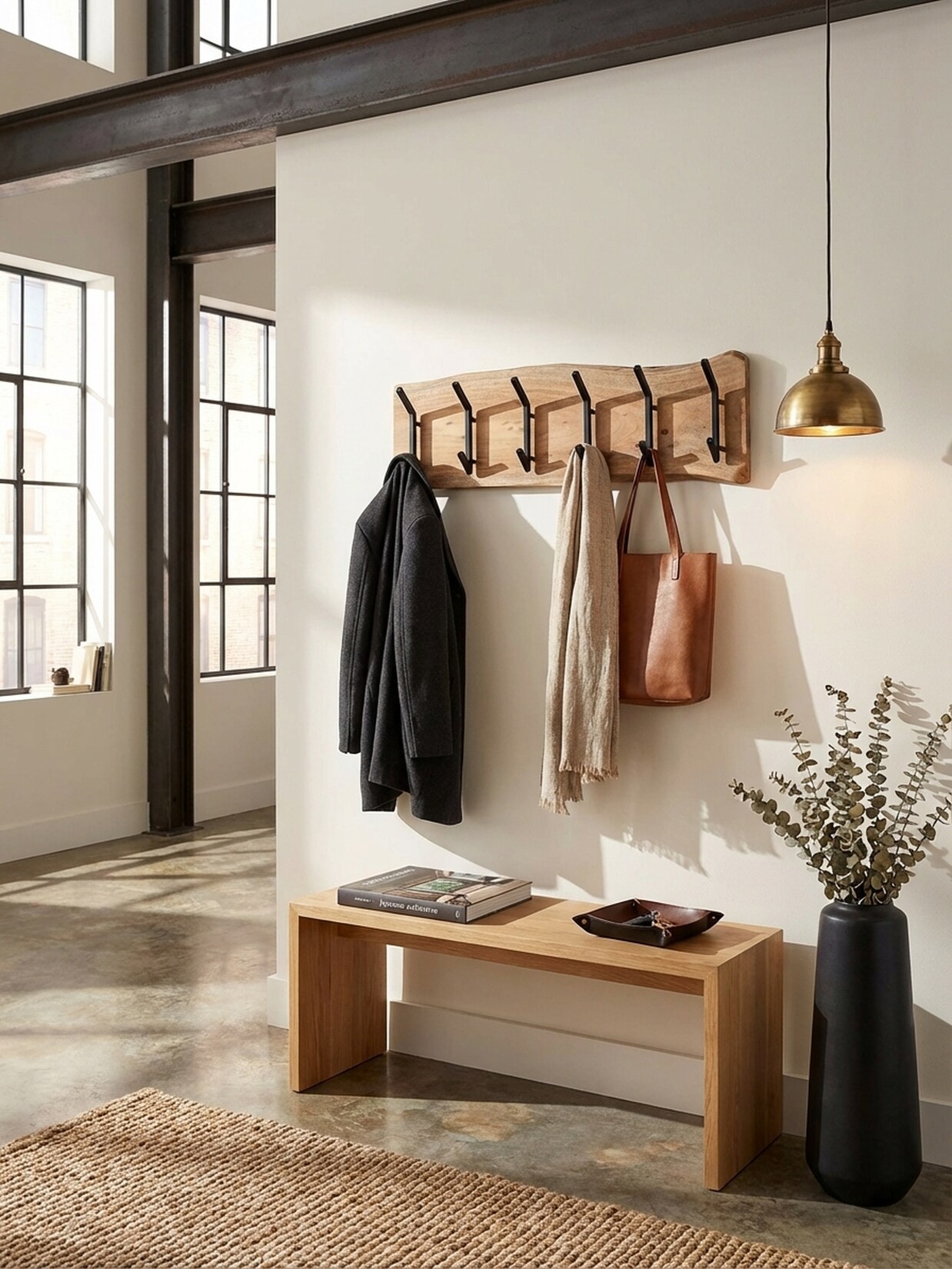 Wandgarderobe Akazie Massivholz Metall Modern 100x29x12,5 cm mit Hakenleiste